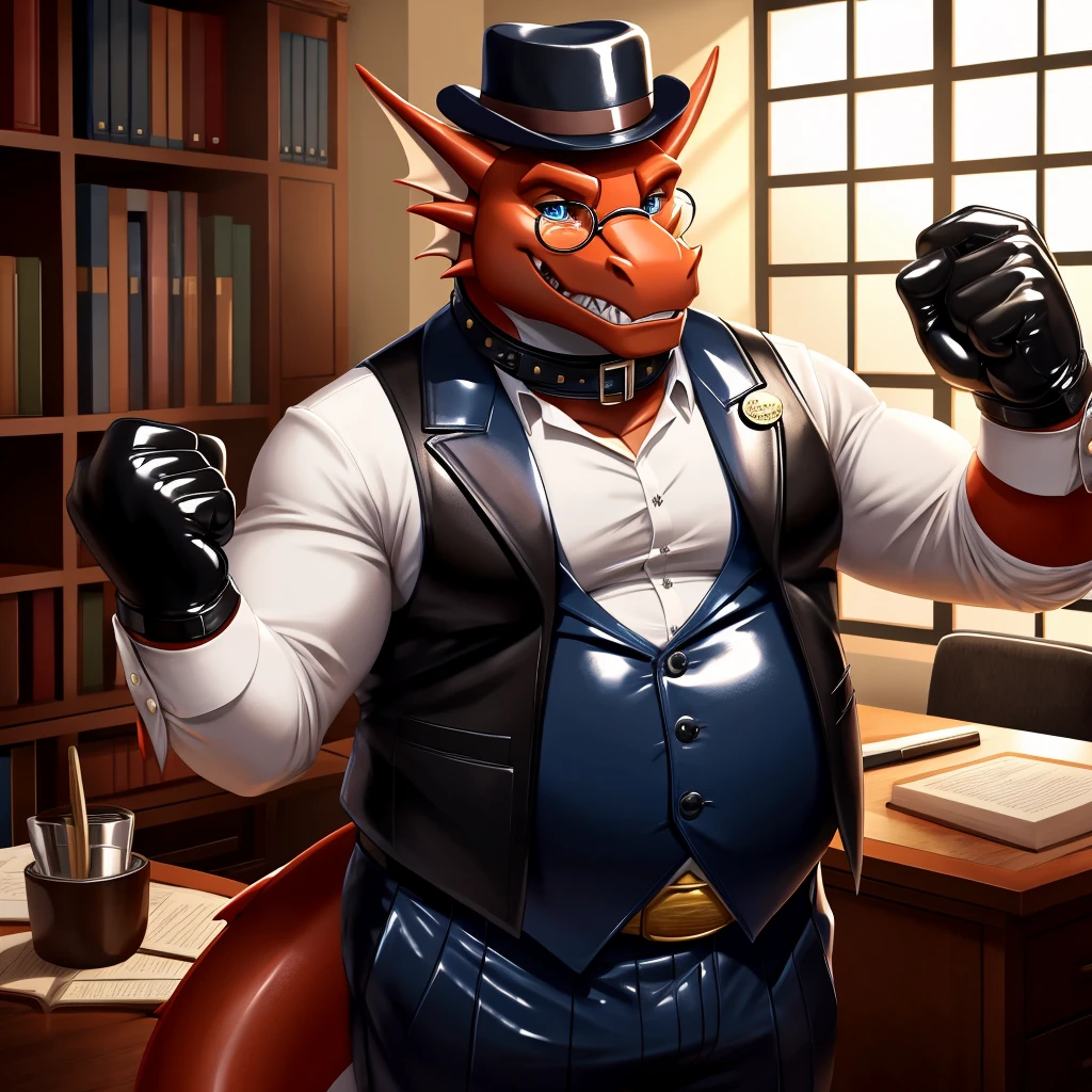 Solo, Male, fat, extremely obese, gentleman, dapper Professor Dragon, mob boss, blue eyes, (posing:1.3), (soft shading), 4k, hi res, ((detailed face, detailed)), looking at viewer, mouth wide open, dapper clothing, collared shirt with buttons, bowler hat, male focus, Explorer Outfit, glasses, monocle, vest with buttons, sleeves rolled up, round eyewear, brown headwear, brown vest, office, Dragon is wearing a glossy leather dog collar around the neck, Dragon is wearing the leather collar and shirt and vest at the same time, Dragon is wearing glossy white rubber gloves on the hands, wearing white rubber gloves on the feet, gloves are rubber in texture, clenching teeth, clenching fists, leather collar is glossy and shiny with a lot of detail, Dragon is wearing gloves and leather collar at the same time, leather collar has a round dog-tag, leather collar is thick and detailed, leather collar is glossy and shiny, fancy clothing, dapper vest, dapper shirt, leather collar is thick, glossy leather collar.