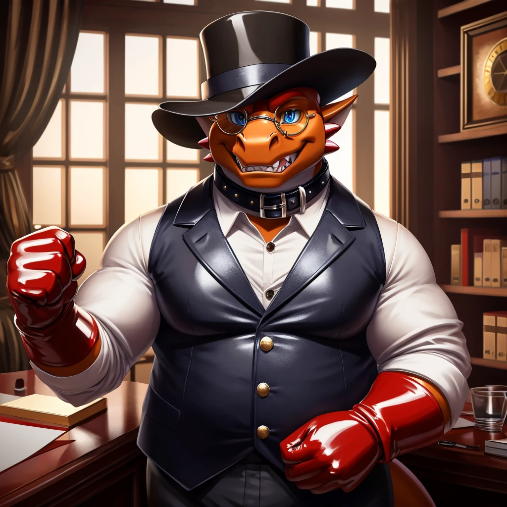 Solo, Male, fat, extremely obese, gentleman, dapper Professor Dragon, mob boss, blue eyes, (posing:1.3), (soft shading), 4k, hi res, ((detailed face, detailed)), looking at viewer, mouth wide open, dapper clothing, collared shirt with buttons, bowler hat, male focus, Explorer Outfit, glasses, monocle, vest with buttons, sleeves rolled up, round eyewear, brown headwear, brown vest, office, Dragon is wearing a glossy leather dog collar around the neck, Dragon is wearing the leather collar and shirt and vest at the same time, Dragon is wearing glossy white rubber gloves on the hands, wearing white rubber gloves on the feet, gloves are rubber in texture, clenching teeth, clenching fists, leather collar is glossy and shiny with a lot of detail, Dragon is wearing gloves and leather collar at the same time, leather collar has a round dog-tag, leather collar is thick and detailed, leather collar is glossy and shiny, fancy clothing, dapper vest, dapper shirt, leather collar is thick, glossy leather collar.