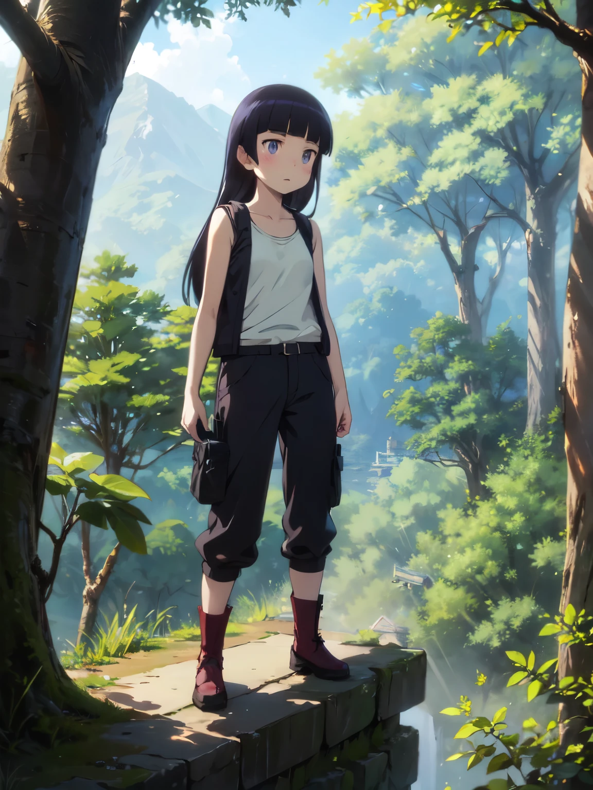 (masterpiece, Highest quality),  (ruri gokou), blush, Black Hair, Mole, Mole under eye, One Girl, Long Hair, Hime cut, Jungle exploration, Explorer hat, rope, telescope, Small knife, flashlight, Long trousers, Hiking boots, rucksack, watch、map、lanthanum、Pushing through the bush、evening、Haze、waterfall、Water bottle, full body