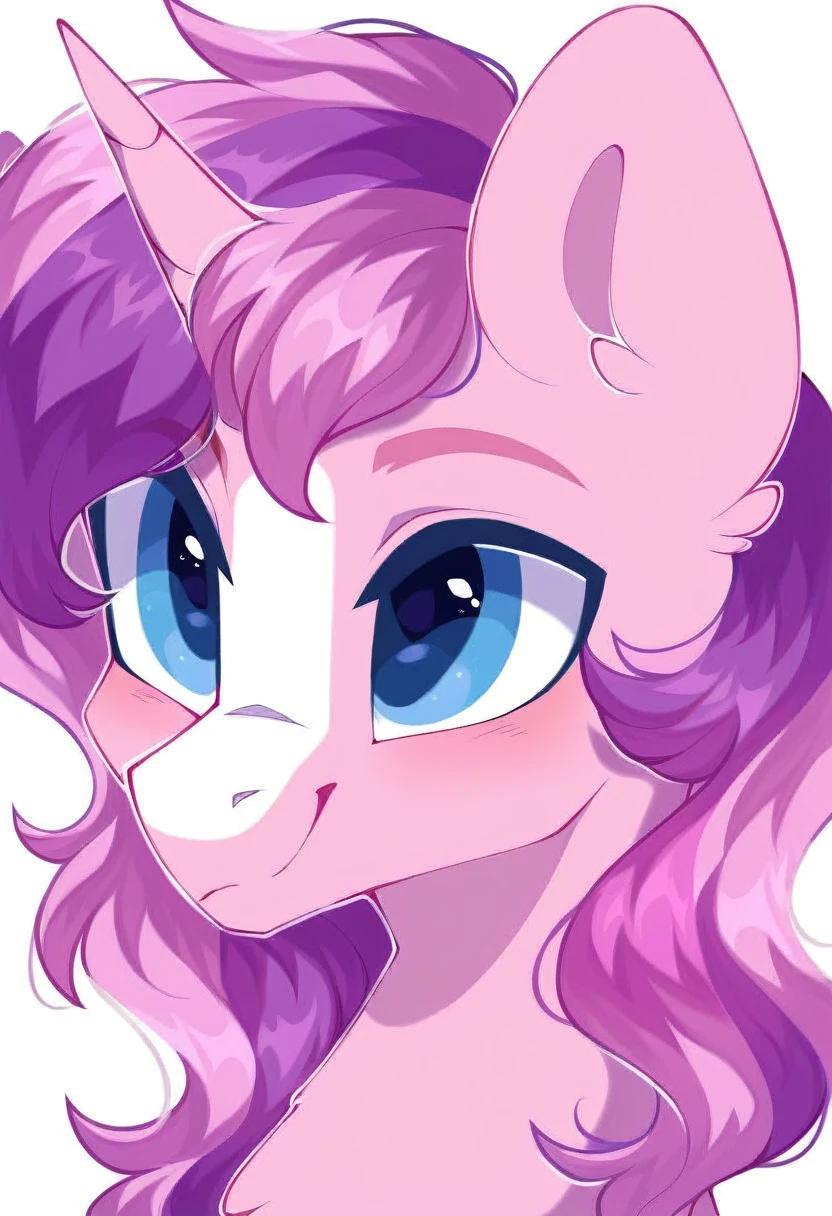 rating_safe, score_9, a cute male pony, blue eyes, fluffy, light pink body, bicolour mane, silver and pink two-tone hair, unicorn pony, white background, portrait