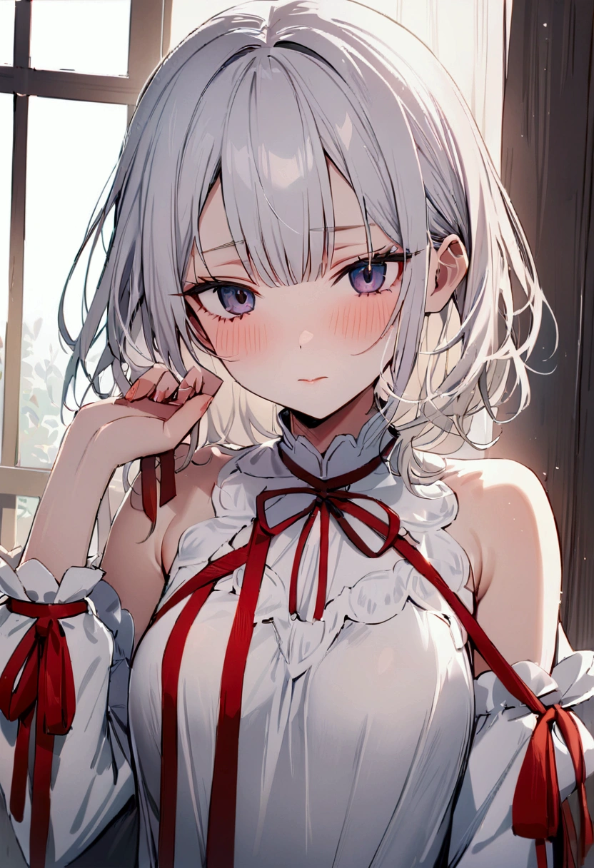 ((top quality)), ((masterpiece)), ((super detail)), (very delicate and beautiful), Alya from Tokidoki Bosotto Roshia-go de Dereru Tonari no Arya-san, white hair, red ribbon, shying,