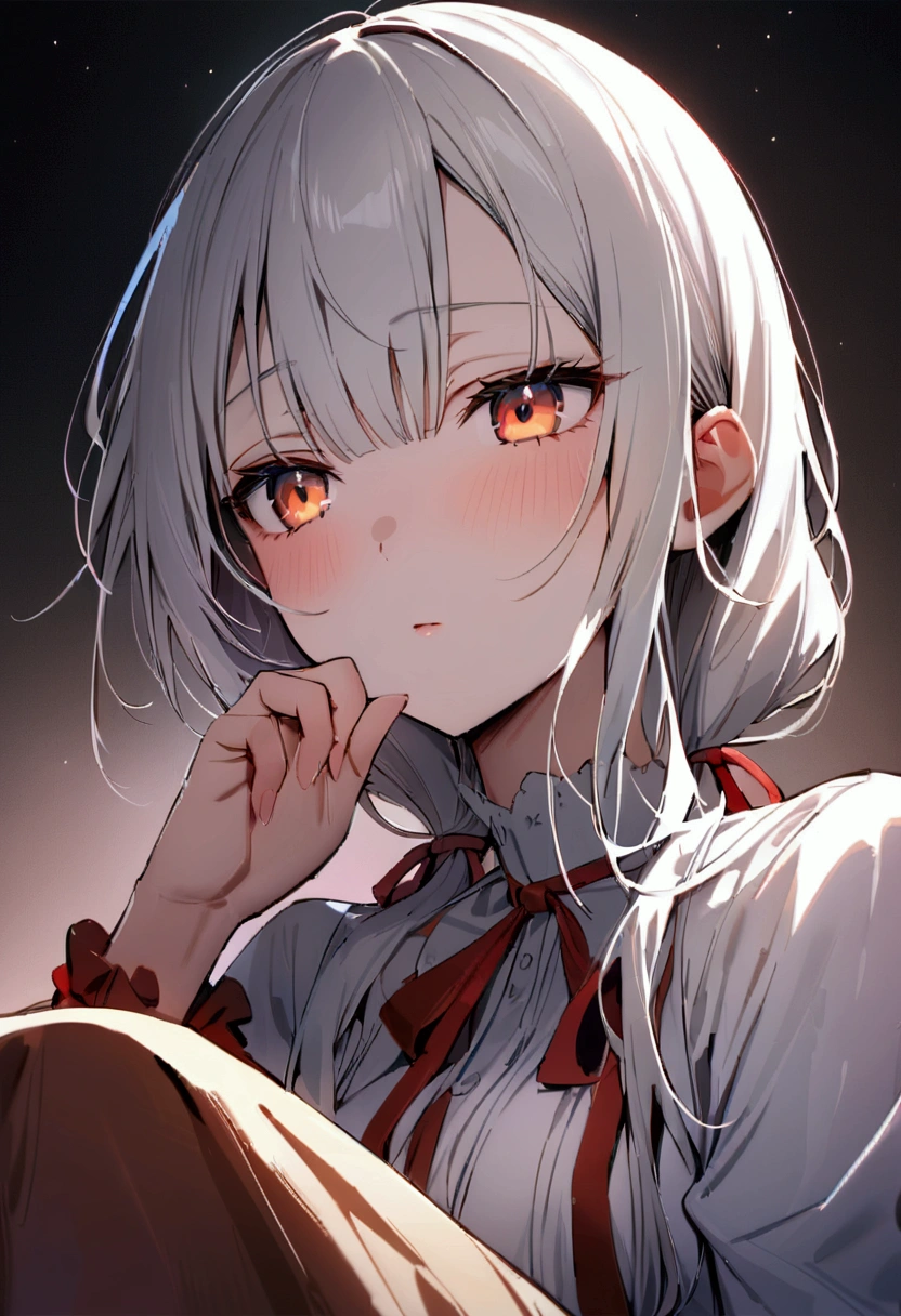 ((top quality)), ((masterpiece)), ((super detail)), (very delicate and beautiful), Alya from Tokidoki Bosotto Roshia-go de Dereru Tonari no Arya-san, white hair, red ribbon, shying,