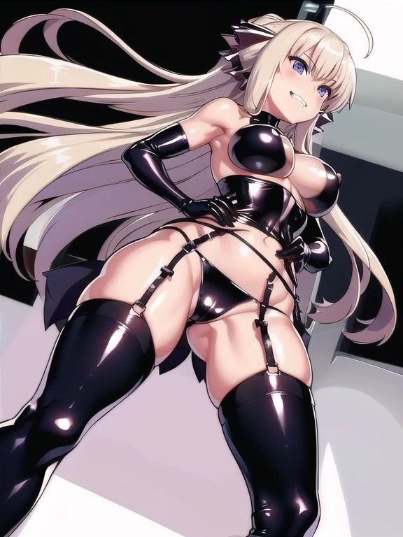 prison, ((black latex topless bustier)), ((show off nipple)), ((from below)), femdom, dominatrix, ((looking at viewer)), ((female standing)), evil grin, ((bare shoulders)),  ((black latex stockings)), ((black latex g-string)), ((black latex high heels)), ((black latex garter belt)), ((black latex elbow gloves)), 独奏, 
 One girl,  Long Hair, Purple eyes,  chest,   Ahoge,   very Long Hair,   large breasts, ribbon,  hair ribbon, ponytail,  bangs, 
