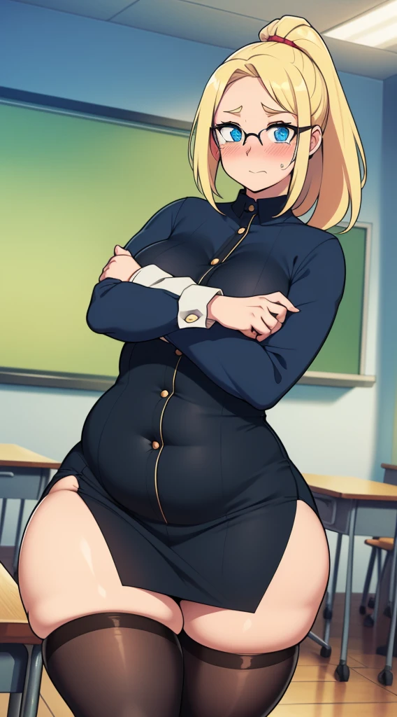 , ((highres)),Masterpiece, high quality, best quality, beautiful, perfect lighting, detailed face, ultra cute face, ((1girl)), ((solo), long blonde hair, ponytail, blue eyes, glasses, embarrassed look, masochist, aroused, ((blush)), looking at viewer, arms crossed, standing in a classroom, (classroom), daytime, dress shirt, pencil skirt, (tight clothes), ((chubby)), (thigh highs), (wide hips), ((thick thighs)), medium breasts, perky breasts, 24 year old female,