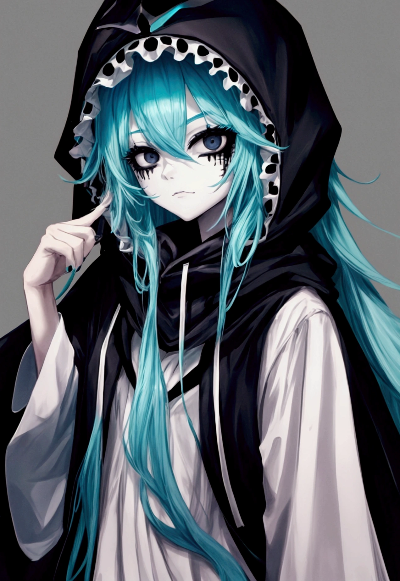 female boogie man with long cyan hair and black eyes with hood ,scary