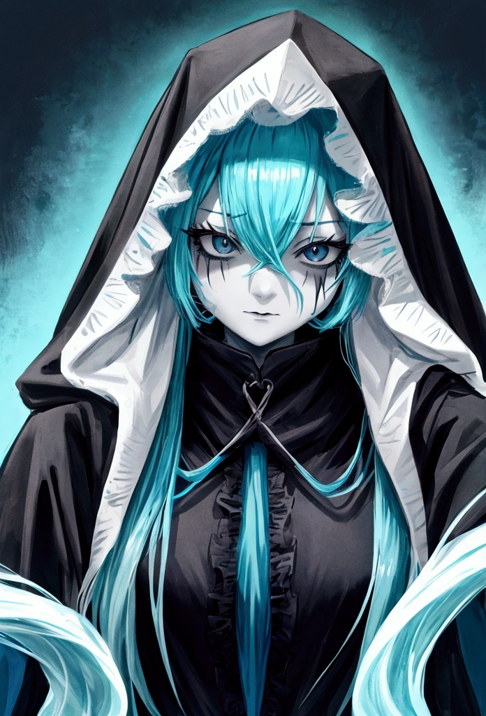 female boogie man with long cyan hair and black eyes with hood ,scary