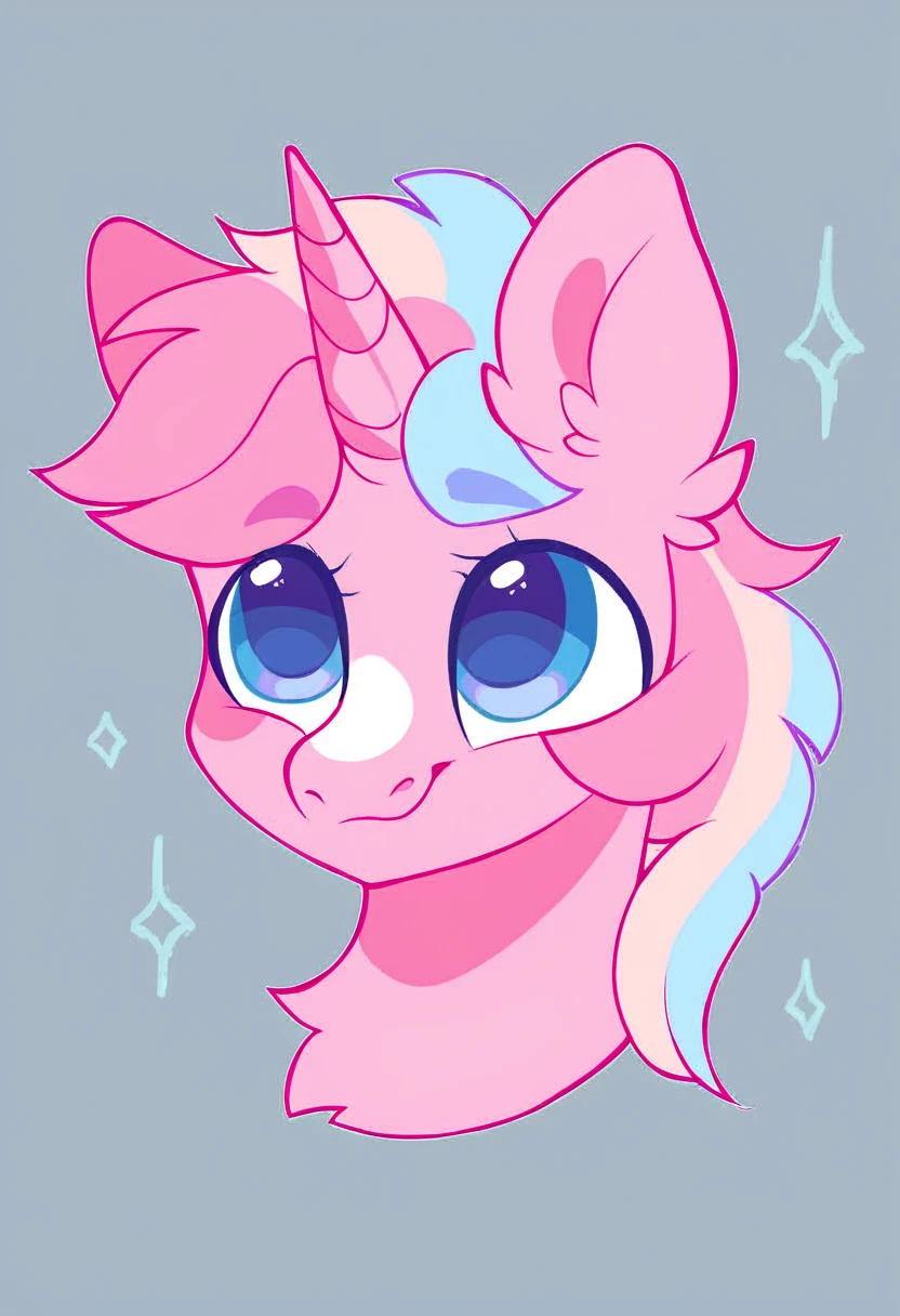 rating_safe, score_9, a cute male pony, blue eyes, fluffy, light pink body, bicolour mane, white and pink two-tone hair, unicorn pony, grey background