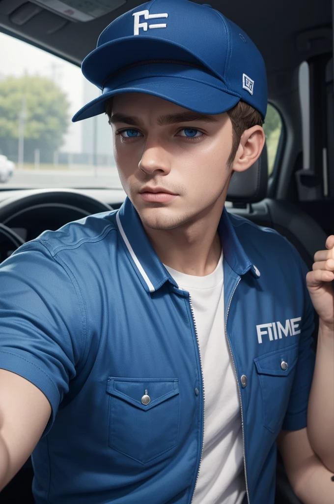 And boy is it free fire, cap turned to the side, blue eyes, Sports driver shirt