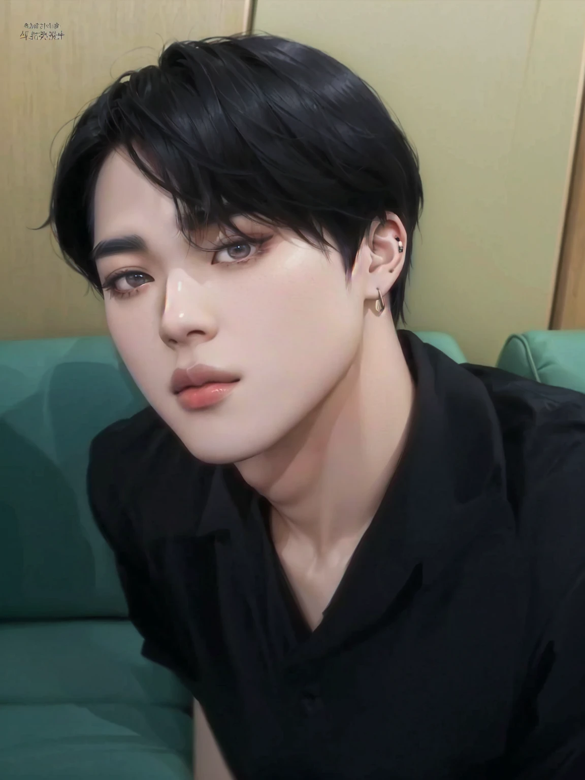 arafa asian woman sitting on a green sofa in a black shirt, Jimin\the right eyelid is swollen, Jimin\fleshy lips, park Jimin, Jimin, Jimin\the Greek nose, Jungkook, accurate Jimin face, Yoongi with black hair, taken at the beginning of 2020, hyung tae, Tae June Kim, jung jaehyun