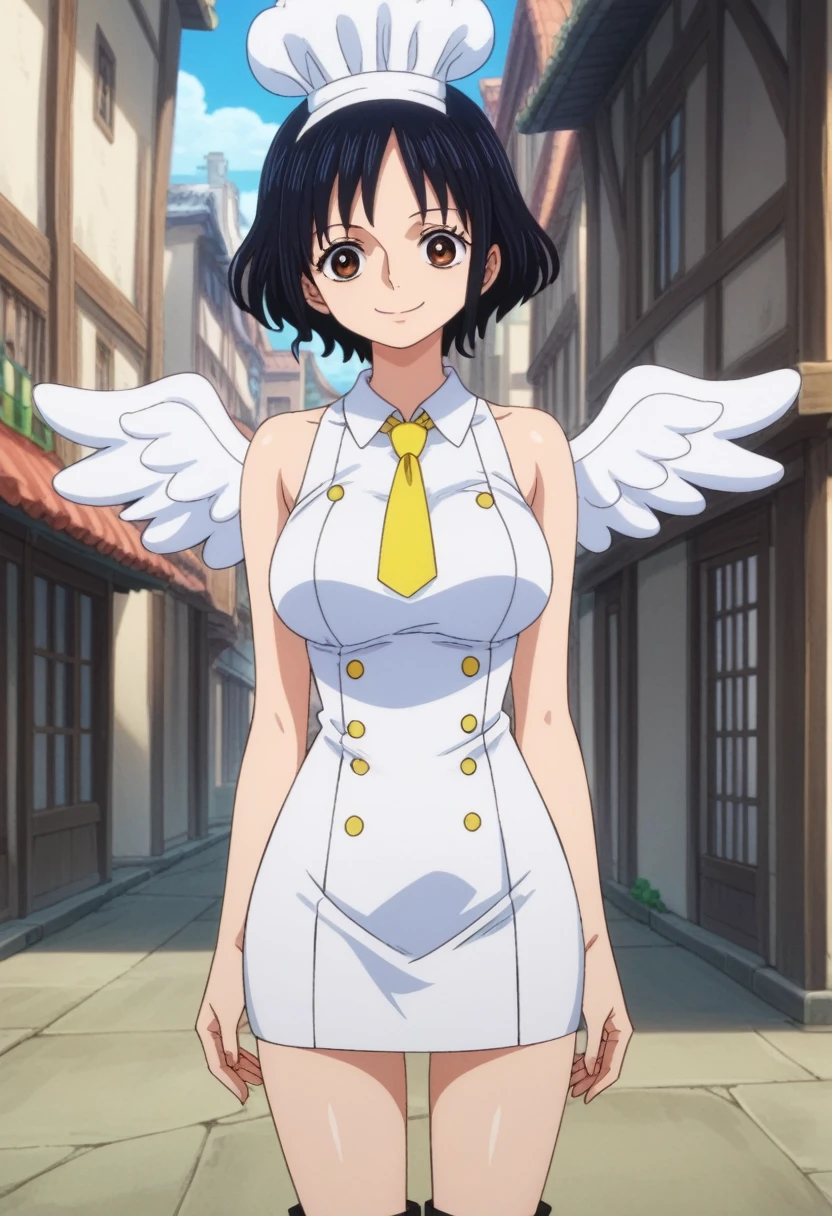 score_9, score_8_up, score_7_up, best quality, masterpiece, source_anime, anime screencap, one_piece_wano_style, clear face, 1girl, solo, black hair, middle short hair, brown eyes, large breasts,White wings on her back, cook dress, Yellow chef neck tie Surrounding her shoulders, one-piece dress, clevage, outdoor, smile, looking at viewer, thigh high boots yellow, 