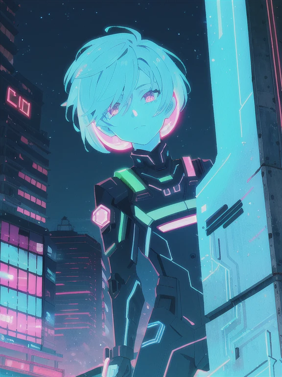 (Neon Dreams), day, bright sky, city, (leaning against wall,) (sci-fi, science fiction), (futuristic,neon theme, neon lights, bloom, bright lights), masterpiece, details, detailed, solo, young man , grey hair, (bright and vivid colors, mixes of warm and cool colors), expressive eyes, calm expression, visual details, horror, contrast, bright lights, dynamic and energetic atmosphere, slim, (( short hair:1.20)), eyes,