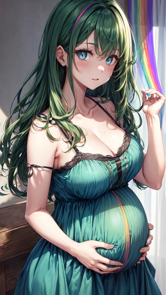 Pregnant woman, dark green hair, blue eyes, rainbow dress