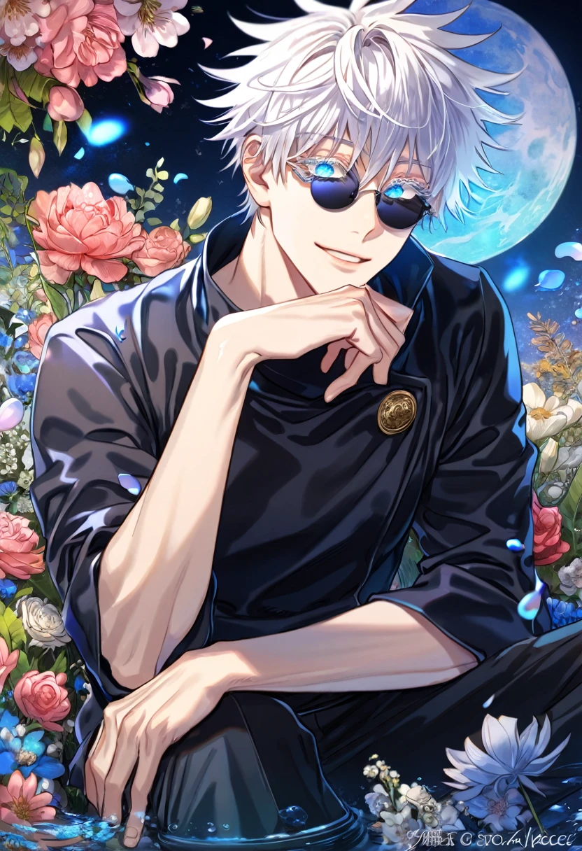 absurdres, highres, ultra detailed, HDR, master piece, Gojou Satoru, white hair with bangs, white eyelashes, expressive blue eyes, hair between the eyes, black shirt, Jujutsu Kaisen, sexy man sitting, handsome, best quality, blue moon, flowers, fantasy, magical, solo, water, blue shining fireflies, blue petals, Jujutsu Kaisen uniform, black round sunglasses, handsome smile, black pants