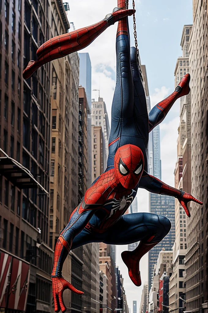 Make art of Spider-Man with two legs and two arms swinging around New York City