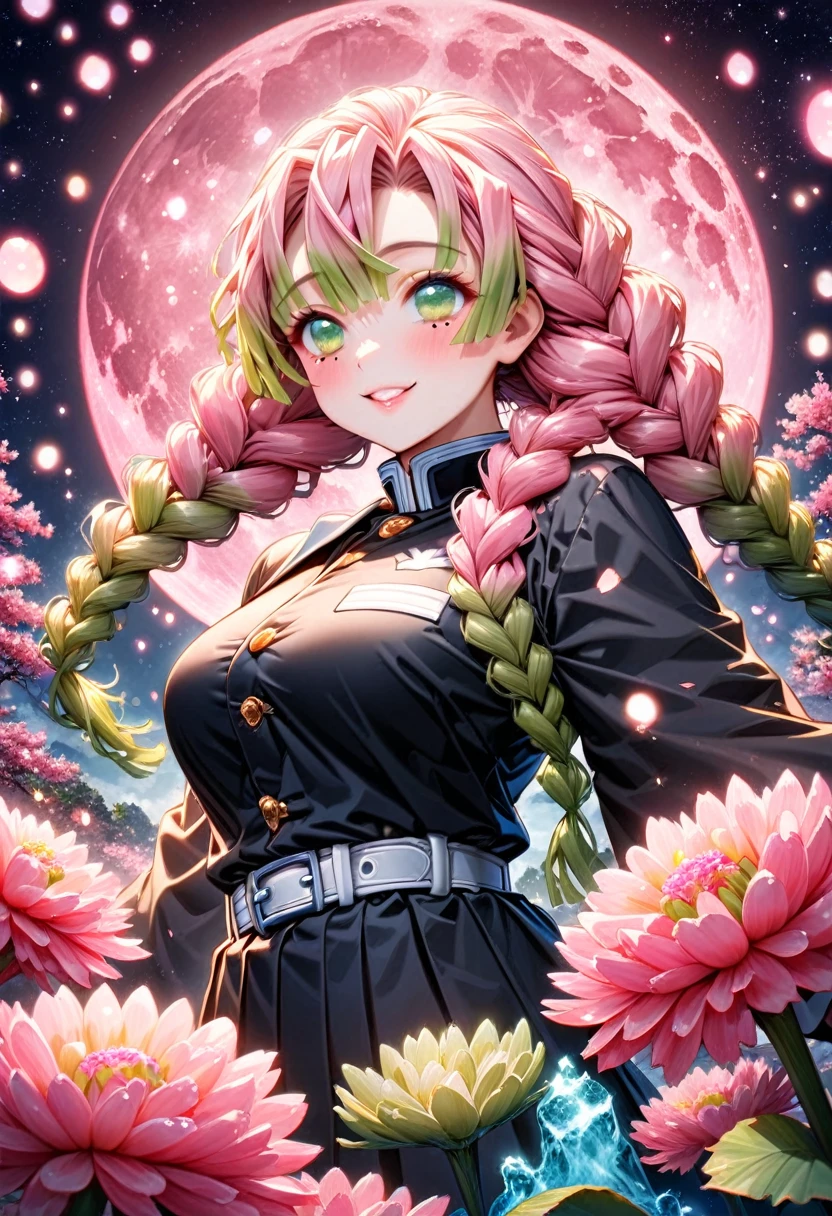 absurdres, highres, ultra detailed, HDR, master piece, best quality, extremely detailed, Kanroji Mitsuri, pink hair, expressive green eyes, mole under the eyes, Kimetsu No Yaiba, solo, woman, beautiful, smile, demon slayer uniform, fantasy, water, sparkling, pink glittering fireflies, pink moon, pink blossoms, pink chrysanthemums, pink sparkling lights, starry sky, magical