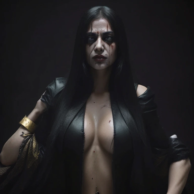 "Create an image of a highly sensual woman surrounded by an extravagant amount of money, symbolizing immense wealth. She embodies black magic and pain, with dark, mystical symbols and auras subtly incorporated into the scene. Despite this, she has an expression of joy and delight on her face. Her attire is elegant and provocative, blending gothic and luxurious fashion elements. The background should be filled with stacks of cash, gold coins, and jewels, emphasizing her opulence, while still hinting at her magical and painful nature."