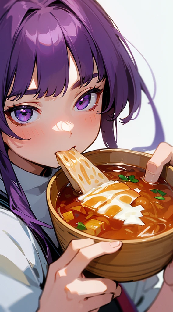 Top Quality, 8K, 4K, High Definition, Detail, (better-quality, 8K, 12), top-quality, 1 girl, purple hair, half body, eating ramen,