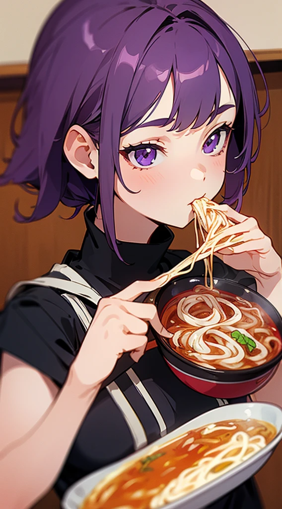 Top Quality, 8K, 4K, High Definition, Detail, (better-quality, 8K, 12), top-quality, 1 girl, purple hair, half body, eating ramen,
