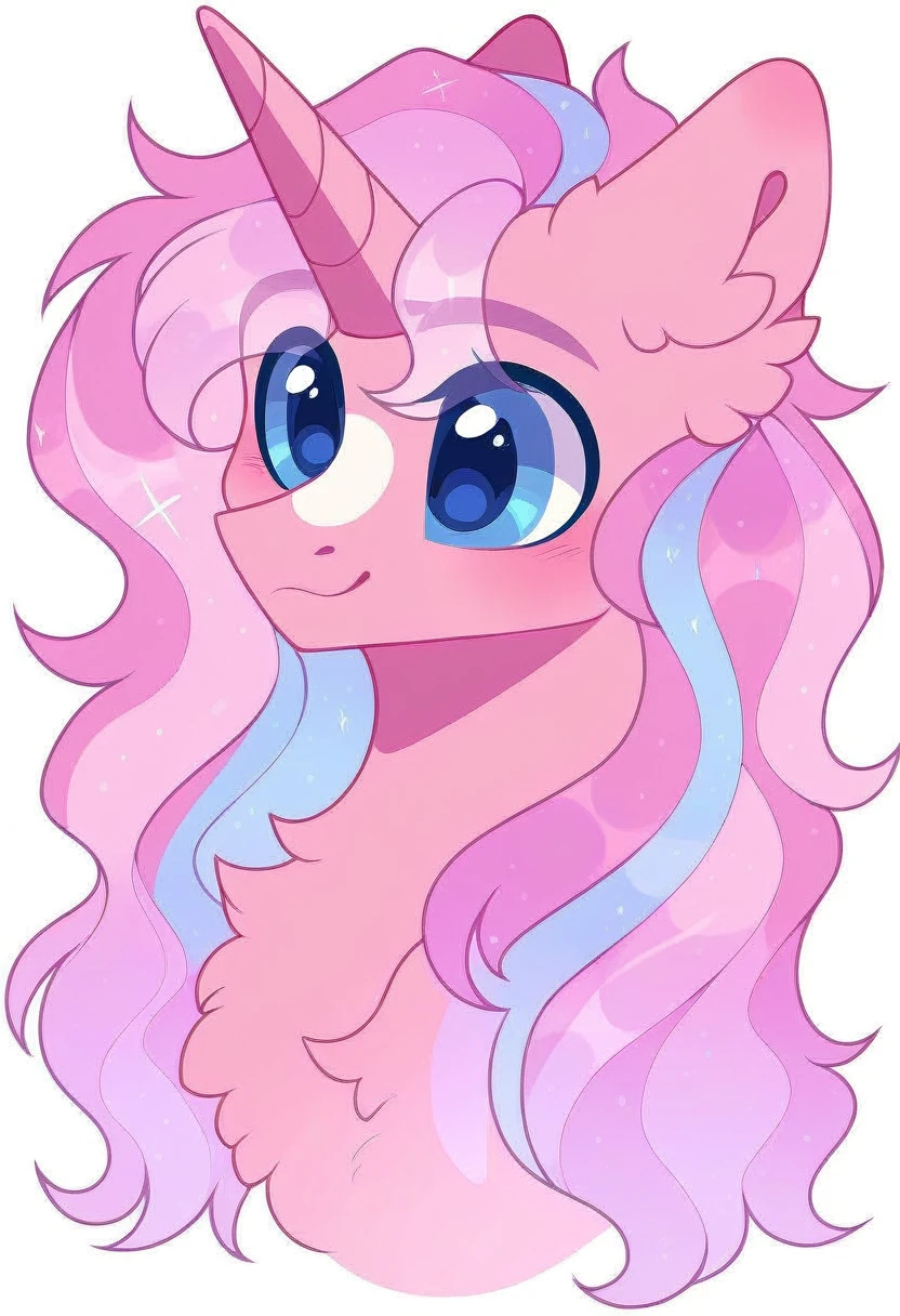 rating_safe, score_9, a cute male pony, blue eyes, fluffy, light pink body, bicolour mane, silver and pink two-tone hair, unicorn pony, white background