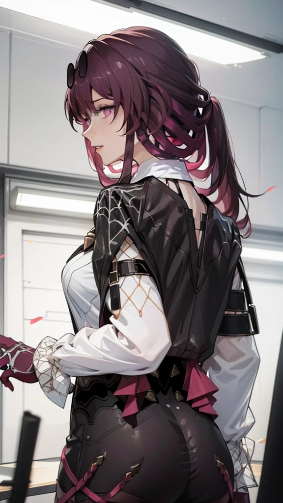 A woman kafka (dark red hairs , low ponytail) bangs , round sunglasses on head , white shirt ,leather short jacket( black )black gloves, thighhighs s ( (net )black, black shorts , big brests, big ass, classroom