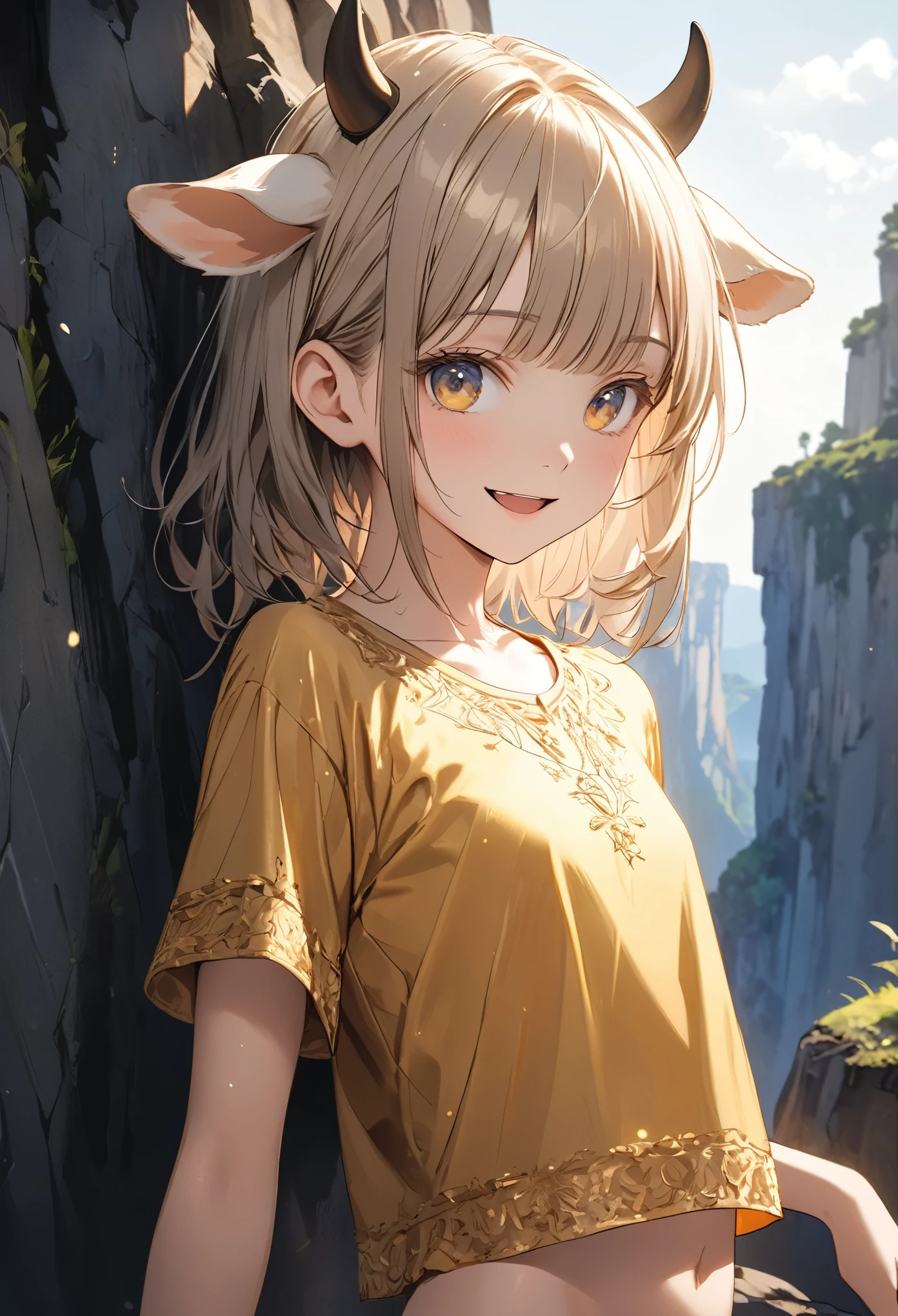 ((Masterpiece)), ((best quality)), (Anime:1.4), (super detail:1.2), (High Definition:1.3), (Professional Photography:1.3), (wide shot), (sharp focus), (perfect light), (()), 1girl, cinematic lighting, Textured skin, messy hair, (loose blunt bangs), teenage girllightly exposed stomach), (Gold embroidery Noble Shirt), (Healthy slim body), small breasts, cute eyes, ((naughty smile)), (open mouth), Textured skin, (put on cow ears), pale brown hair, Cute Beautiful girl, ((Vibrant Pose)), Thin chain accessories,(outside the precipitous cliff), abarastyle,