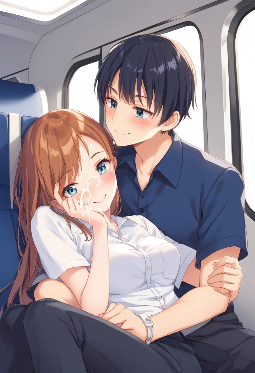 (masutepiece, Best Quality:1.4), Beautiful face, AKB48,Nogizaka46,8K, ,girl with, A Man, The girl is an 18-year-old student, Man is a 30-year-old office worker, On the train, Sitting side by side,  Man showing erection , Female is touched by a man,1girl in, 1boy, Sitting, (hand job:1.5), a couple,Man is naked,(Yor:1.3),(Smile:1.2),(facials:1.5),(cum on facial:1.5),(Ejaculate on hand:1.5),(full-face blush:1.3),