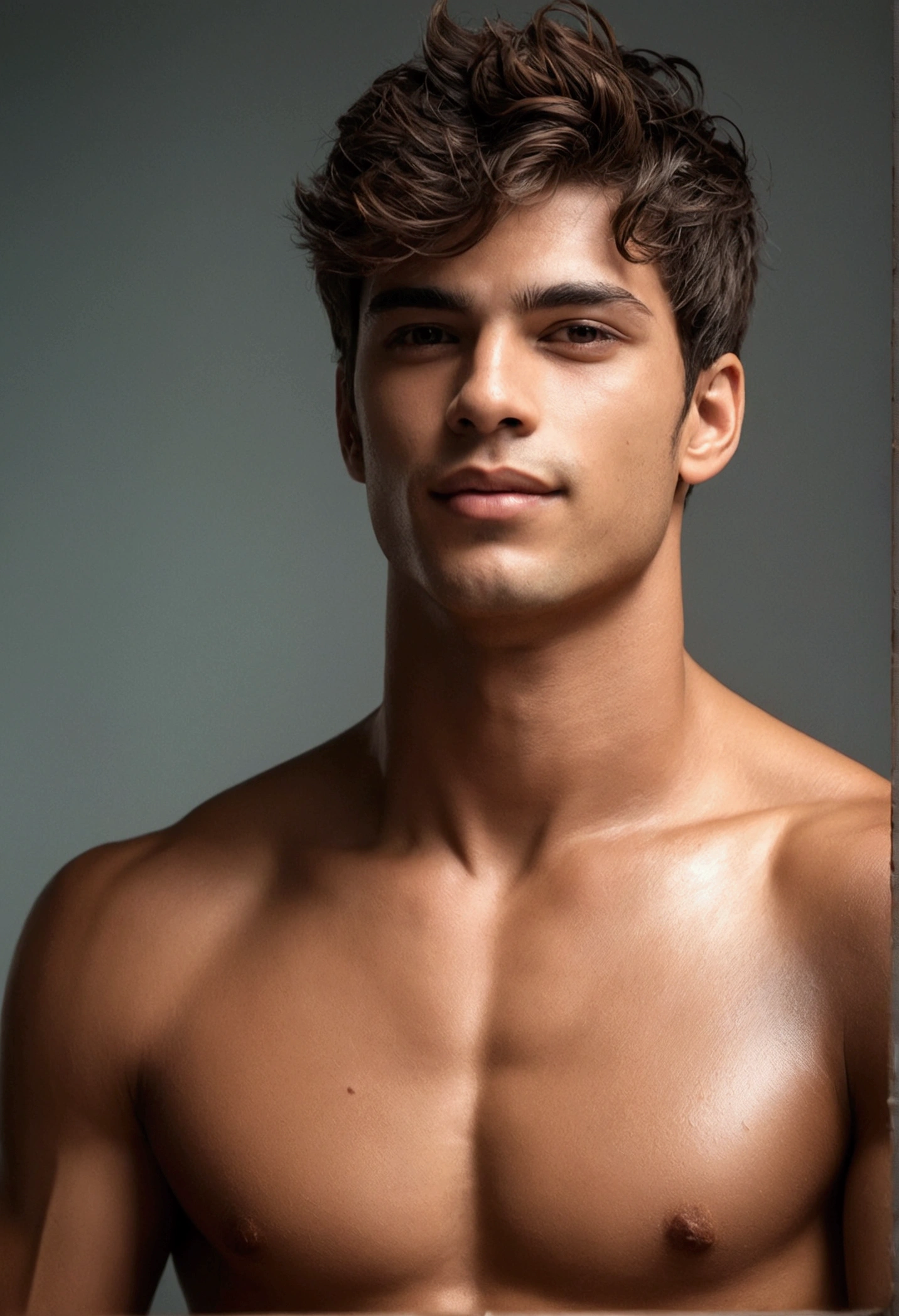 Cinematic soft lighting illuminates a beautiful Brazilian male model with stunning and ultra-realistic details，Foto de corpo inteiro da frente，olhar bonito，messy short brown hair，olhos claros de mel，Sorriso encantador perfeito，Criado sexy，Homem quente，insanamente bonita，That's the trend of ArtStation。Octane is the perfect tool to capture the softest details of this 16k photographic masterpiece。fully body image, showing abs