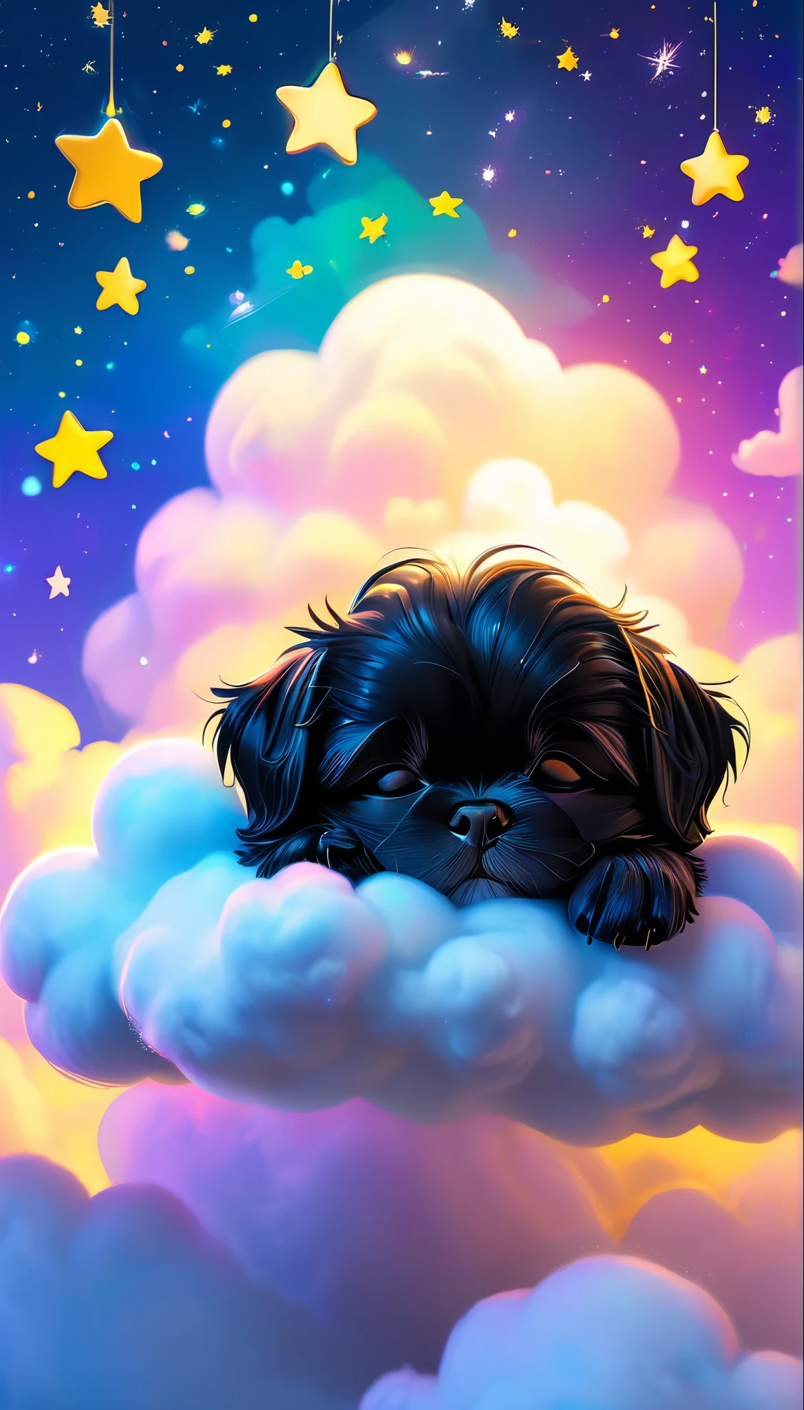 Adorable black shih tzu puppy sleeping on a cloud with stars in the background, Lisa Frankによるコンセプトアート, Trending on CGSociety, fur art, Dream animal cute eyes, Adorable digital painting, Beeple and Jeremiah Kettner, Cute and detailed digital art, Cute digital art, Lisa Frank, Lying in the fairyland of white clouds, Sweet dreams, A dreamlike night, Dreamy Art, 3D, Pixar style