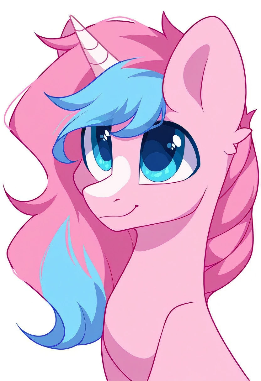 rating_safe, score_9, a cute male pony, blue eyes, light pink body, bicolour mane, silver and pink two-tone hair, unicorn pony, white background