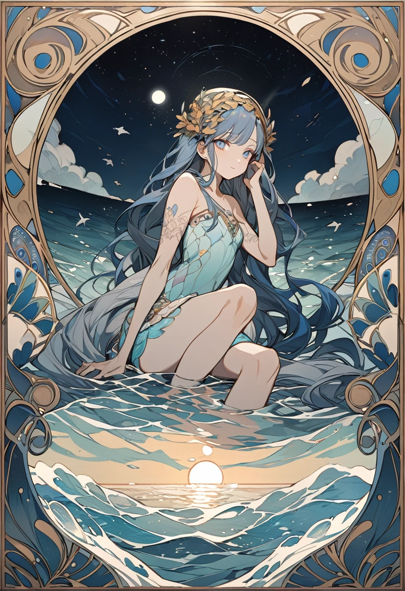masterpiece, The The characters faces are clearly drawn, 1 Mermaid, sitting on a rock, Very long hair, Blue shiny hair, ((In the shining sea:1.5)), Faintly shining face and body, Portrait, Mystical eyes, Detailed eyes, Three-colored eyes, seabed, Being in the water, ((Art Nouveau)),