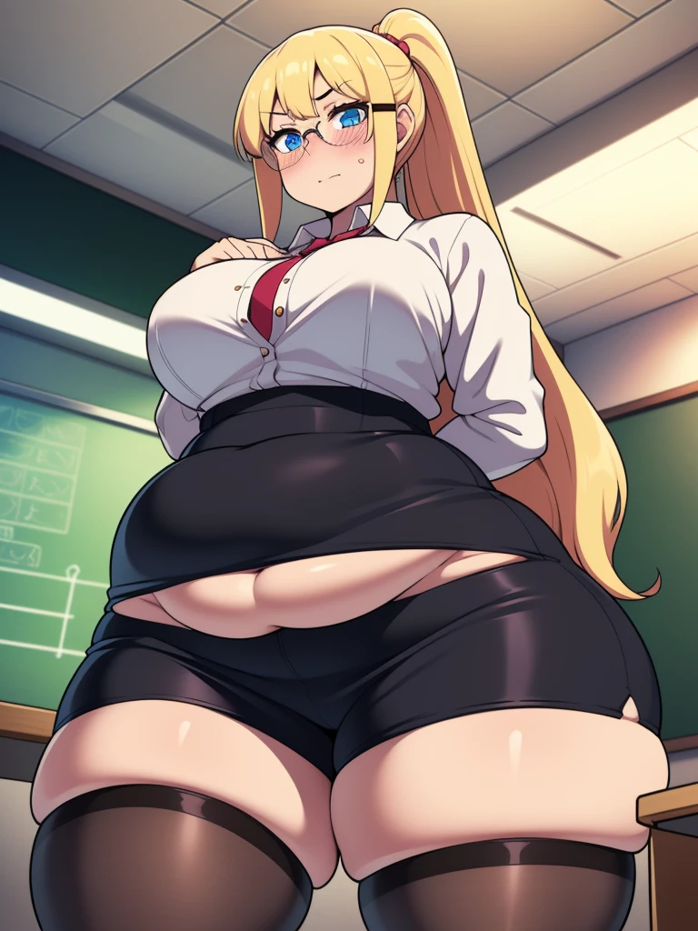, ((highres)),Masterpiece, high quality, best quality, beautiful, perfect lighting, detailed face, ultra cute face, ((1girl)), ((solo), from below, long blonde hair, ponytail, blue eyes, glasses, embarrassed look, masochist, aroused, ((blush)), looking at viewer, arms crossed, standing in a classroom, (classroom), daytime, dress shirt, pencil skirt, (tight clothes), ((chubby)), (thigh highs), (wide hips), ((thick thighs)), medium breasts, perky breasts, 24 year old female,