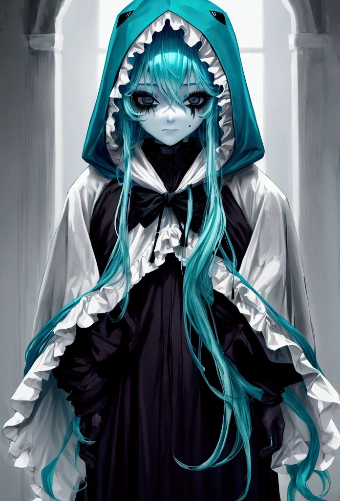 female boogie man with long cyan hair and black eyes with hood ,scary