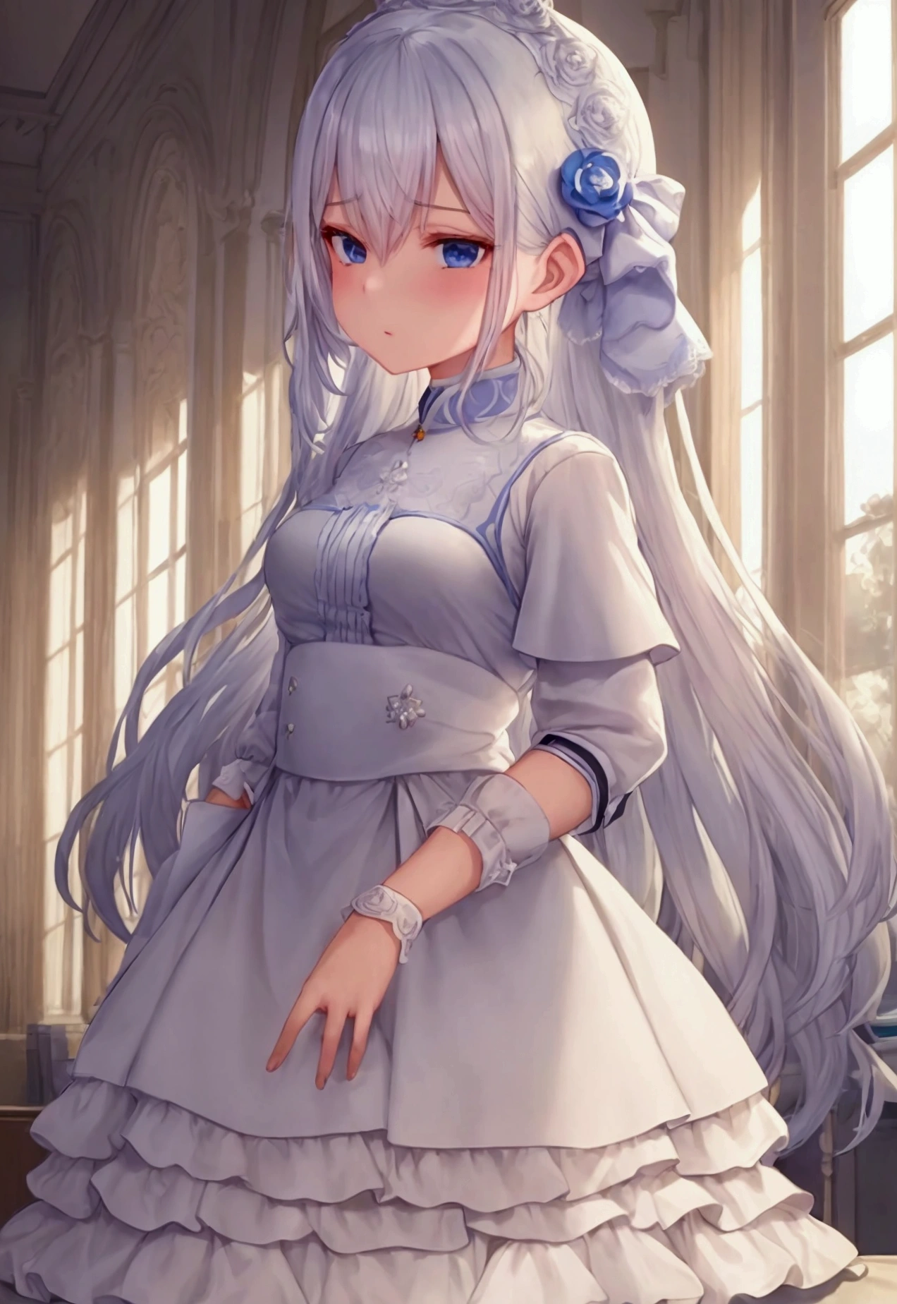 nsfw, (masterpiece, top quality, best quality, highly detailed:1.6), extremely detailed CG unity 8k wallpaper, strong facial expression, (sharp eye:1.2), (scowl:1.1), (embarrassed,blush:1.3), (steam:1.5), (wet:1.1), (sweat:1.1), (trembling:1.3), (open mouth, wavy mouth:1.4), (harf open eyes:1.5), (feeling weak:1.5), (shoot from front, looking at viewer:1.2), (squatting, skirt lift, clutching skirt:1.5), (castle bedroom:2), (1 woman, Princess, indoor, White princess dress, silver tiara:1.4), (Unsurpassed gorgeous rococo victorian gown with voluminous hoop skirt and long hems, PRİNCESS style skirt), (bravery crying, sobbing:1.5), White high-heels, (long hair, Silver hair, pubic hair, Silver:1.5), (woman trembling with sexual climax:1.5), colorful, full body, wide shot, perfect composition, (chrotch, pussy, urethra, panty, panties), urination, incontinence, piss, peeing self, A lot of pee, having an accident, pee running down legs, panties around one leg, (((pee stream))), (pee puddle), wetting herself, pee stain, peeing, blush, trembling, embarrassed, large breasts, Yellow pee, ((leaking pee)), Shaking one's shoulders, Breaking a sweat on forehead, puddle of pee, Pee at your feet, Pee spread on the floor, Pee stains, Dripping pee between my legs, Feet wet from pee, Pee-covered feet, Pee at your feet, want to pee, about to pee, Full bladder, Pee-soaked dress, Pee-soaked high-heels, natural makeup, A pair of partially removed panties is hanging around one of her ankles,