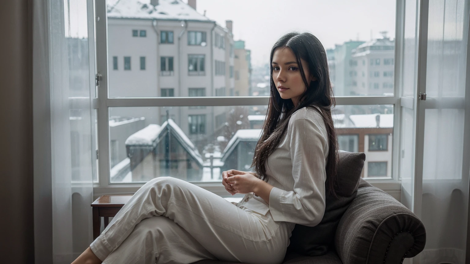 Elena Ivanova, Russian, long black hair, blue eyes, in an elegant and peaceful setting inside her home in Moscow, sitting, long pants on a comfortable armchair, looking out the window with a serene but slightly melancholic expression, snow, moscow, motherboard, realistic, HD, sharp, rich detail, ultra detailed, ultra textures, highest resolution, highest contrast, highest quality models, local light, down light, side light, leaking light, back light, edge light, film light, depth of field, bokeh, cinematic, panorama, full size. 8 k, ultra realistic