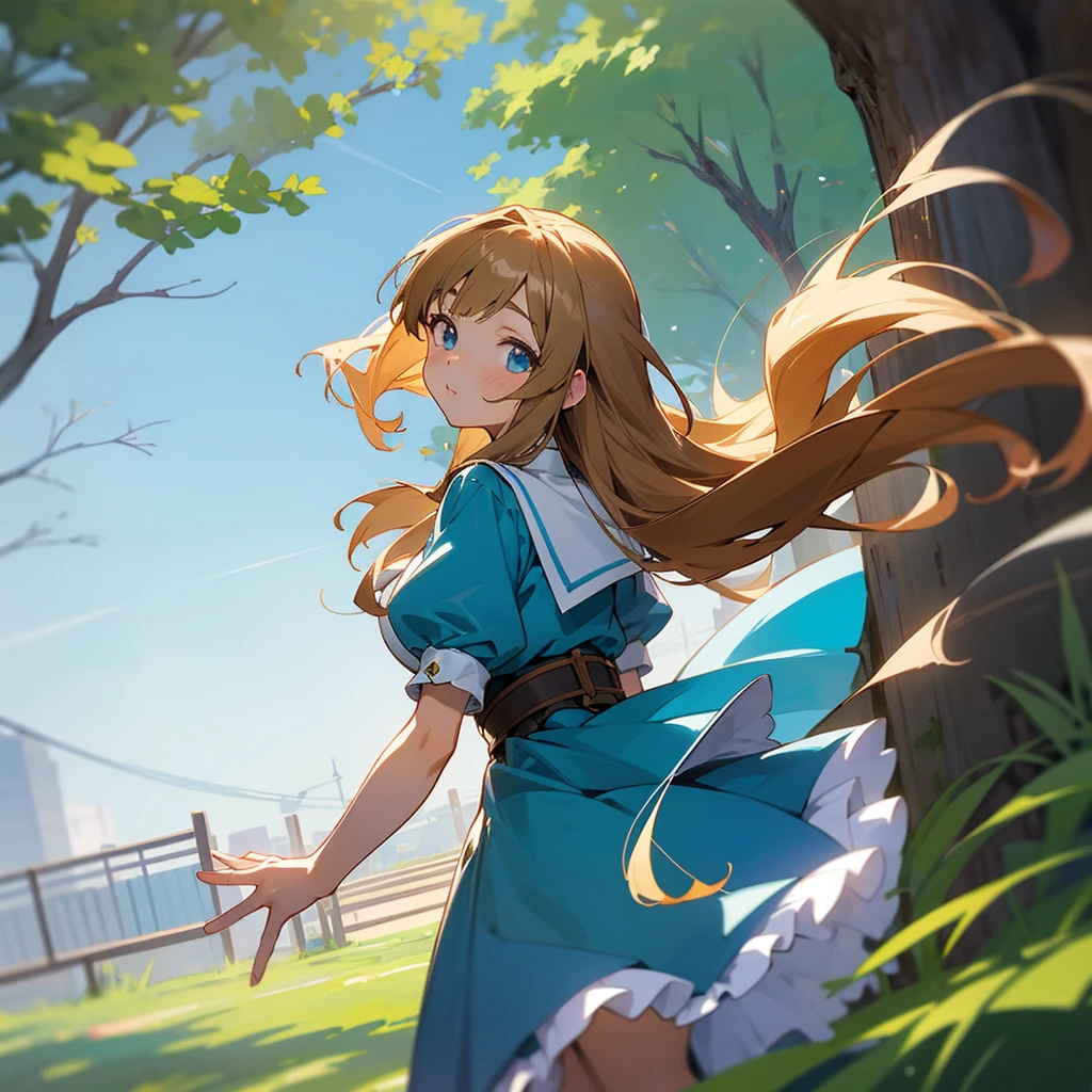From the ants’ perspective, light brown skin、Anime girls , long brown hair and blue dress stands in front of the house, In dress, , cute anime waifu in a beautiful dress, Splash Art Anime , süßes Anime girls, hübsches Anime girls, blondes Anime girls mit langen Haaren, schönes Anime girls, junges Anime girls, Clean, detailed anime art, Porträt eines süßen Anime girlss,
