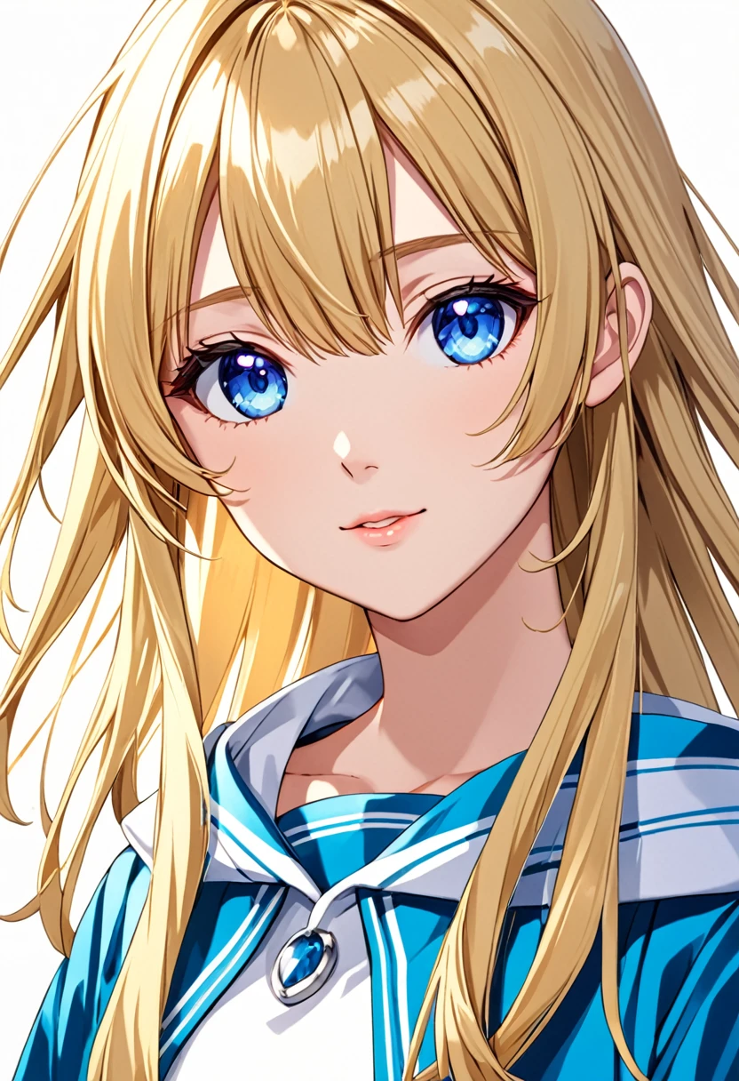Anime young woman, blonde hair, M shape fringe, light and bright blue eyes