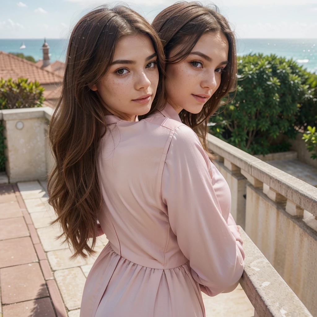 Create a very realistic and beautiful model with the following detailed features: Gender: Female, Age: Young adult (approximately 20-25 years old), Hair: Long, wavy and reddish with a natural shine, gently cascading around the shoulders and back back. . . . . . . . . . . . , Eyes: Bright green with a captivating, slightly almond-shaped look, detailed with natural highlights, Skin: Fair complexion with a light texture, including natural freckles on the nose and cheeks, giving a youthful and vibrant appearance: Fair complexion with a light texture, including natural freckles on the nose and cheeks, giving a youthful and lively appearance, Face: with a smooth and natural contour, soft and full lips with a slight pinkish tint and a slightly delicate upturned nose, Expression : a sweet face, with a touch of mischief, which conveys warmth and approachability, Clothing: in a pink suit and sunglasses standing on a bridge, wearing a pink suit, a pink suit, a pink outfit, a pink suit and glasses , a pink futuristic suit, a pink silky outfit, fashionable pink clothes, a Girl in a suit, wear pink clothes, Girl in a suit, Smooth pink tight-fitting suit, wear an elegant outfit, haute couture chic, All pink, Background : the model is on an elegant flowered terrace, beginning on an open roof, end of sunny day, sea view in the background.
Pose: relaxed and confident posture, start on an open-air rooftop, end of sunny day, sea view in the background. aesthetic, Unsplash, Neoclassicism, Complex background, Best quality, hyper detailed, Gratty Sita, 64K, Light design