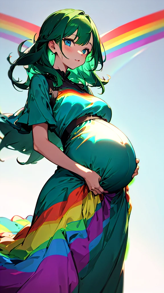 Pregnant woman, dark green hair, blue eyes, rainbow dress