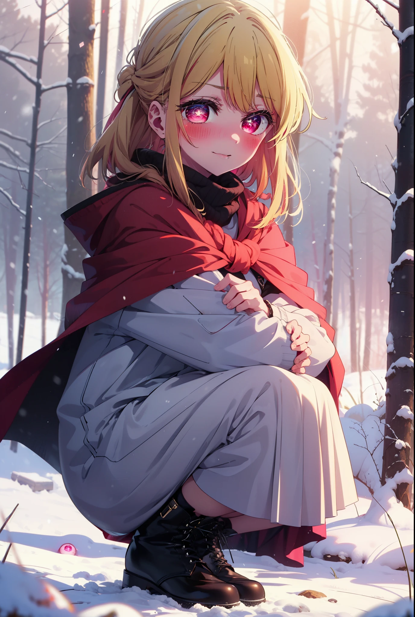 rubyhoshino, Hoshino Ruby, Long Hair, bangs, blonde, (Pink Eyes:1.3), Side Lock, (Symbol-shaped pupil:1.5), Multicolored Hair, Two-tone hair, smile,,smile,blush,white breath,
Open your mouth,snow,Ground bonfire, Outdoor, boots, snowing, From the side, wood, suitcase, Cape, Blurred, , forest, White handbag, nature, Squat, Mouth closed, Cape, winter, Written boundary depth, Black shoes, red Cape break looking at viewer, Upper Body, whole body, break Outdoor, forest, nature, break (masterpiece:1.2), Highest quality, High resolution, unity 8k wallpaper, (shape:0.8), (Beautiful and beautiful eyes:1.6), Highly detailed face, Perfect lighting, Highly detailed CG, (Perfect hands, Perfect Anatomy),