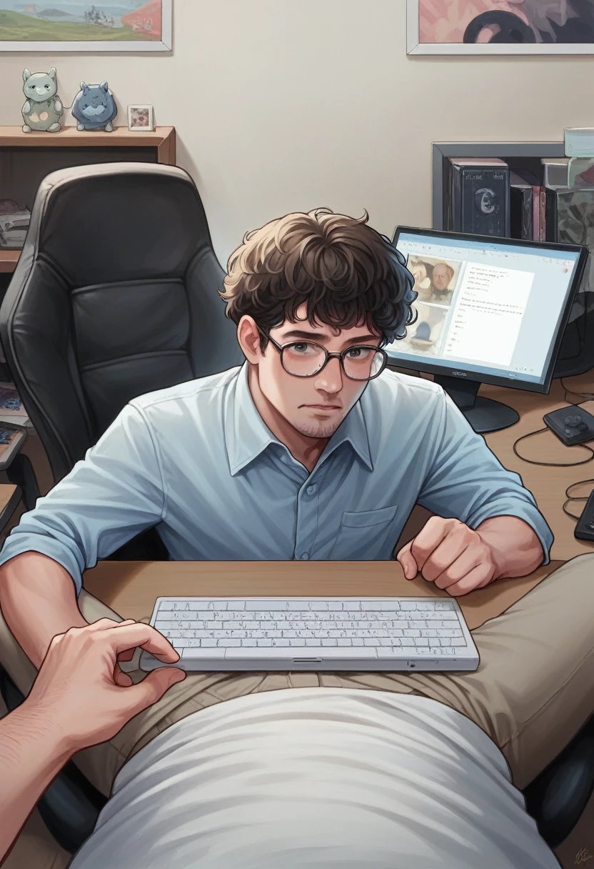 25-year-old man, wears glasses and has short, curly hair cut on the sides, sitting on a chair using a gaming computer, in the room with the computer, the table and chair are leaning against the corner of the wall with the bed next to it, a real way like third-person view, 9:16, Surrealism, Realism, chiaroscuro, UHD, best quality, high details