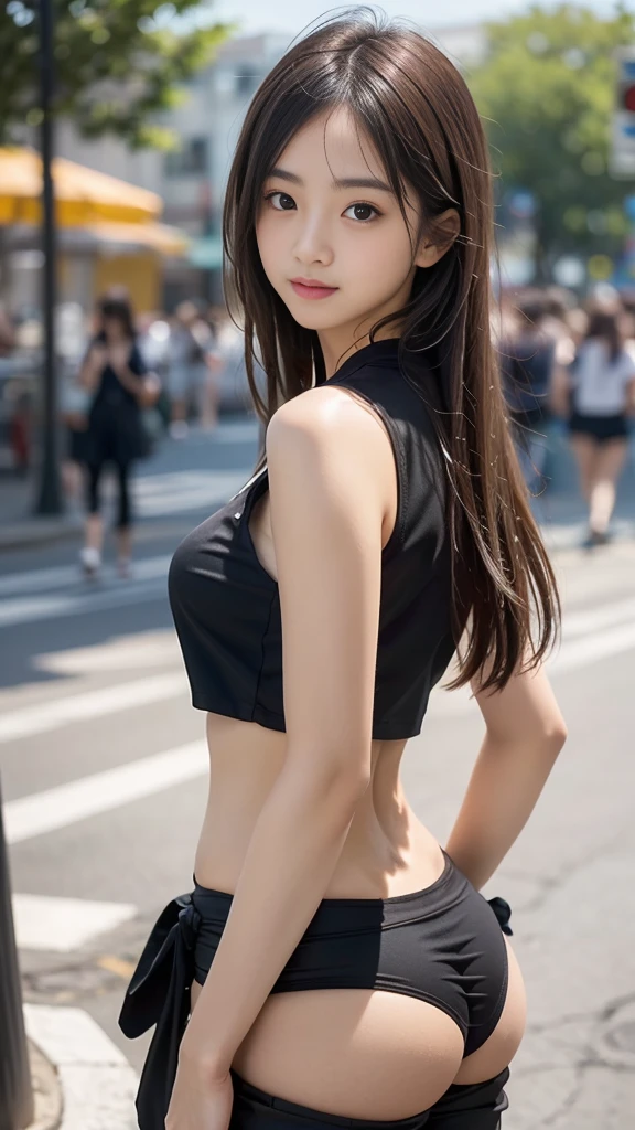 ((Outside)), (8k, RAW Photos, Highest quality, masterpiece:1.2), Looking at the audience, Viewed from the front, ((性欲が強いhigh school girl:1.3))、Beautiful white skin, knees, Absurd face is small, Part your bangs down the middle, The forehead is visible, Glare, ((Face of ecstasy:1.3)), Ultra-high resolution, cute, (Slender body line), (Outstanding proportions), ((Stylish black top and sexy pants:1.3)), high school girl, (:1.6), Japanese women, Are standing, (Photorealistic:1.37), Photon Mapping, Realistic, cute顔が小さい, Brown eyes, prospect, Written boundary depth, Blurred Background, (I can see the bangs), Silky smooth hair, (Slim Belly:1.2), (Beautiful thin thighs:1.2), (Small beautiful butt:1.2), (Curved waist:1.2), thigh, Nogizaka idol, Idol, (Detailed hands:1.3, Accurate hands:1.3, Beautiful little hands of a girl:1.3), (Small small breasts:1.3, Beautiful underboobs:1.3), Super quality, Low people, (Clear white skin, Skin with visible pores:1.2), (Focus on the face), Check and correct the garment construction, (Perfect Anatomy:1.3), (Detailed eyes and face:1.3, Professional photography techniques), (Perfect Anatomy:1.3), (Slim Belly:1.3)