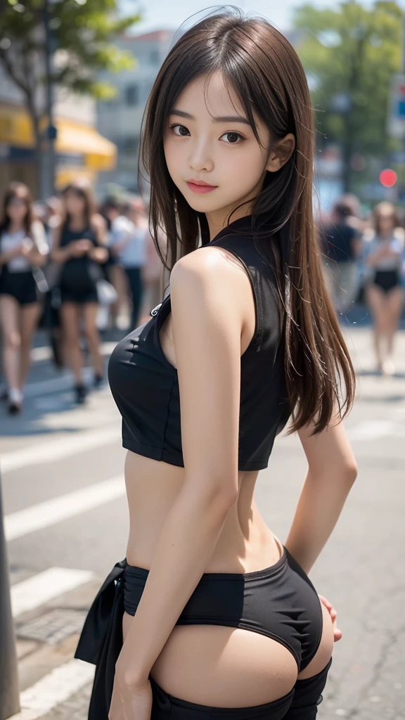 ((Outside)), (8k, RAW Photos, Highest quality, masterpiece:1.2), Looking at the audience, Viewed from the front, ((性欲が強いhigh school girl:1.3))、Beautiful white skin, knees, Absurd face is small, Part your bangs down the middle, The forehead is visible, Glare, ((Face of ecstasy:1.3)), Ultra-high resolution, cute, (Slender body line), (Outstanding proportions), ((Stylish black top and sexy pants:1.3)), high school girl, (:1.6), Japanese women, Are standing, (Photorealistic:1.37), Photon Mapping, Realistic, cute顔が小さい, Brown eyes, prospect, Written boundary depth, Blurred Background, (I can see the bangs), Silky smooth hair, (Slim Belly:1.2), (Beautiful thin thighs:1.2), (Small beautiful butt:1.2), (Curved waist:1.2), thigh, Nogizaka idol, Idol, (Detailed hands:1.3, Accurate hands:1.3, Beautiful little hands of a girl:1.3), (Small small breasts:1.3, Beautiful underboobs:1.3), Super quality, Low people, (Clear white skin, Skin with visible pores:1.2), (Focus on the face), Check and correct the garment construction, (Perfect Anatomy:1.3), (Detailed eyes and face:1.3, Professional photography techniques), (Perfect Anatomy:1.3), (Slim Belly:1.3)