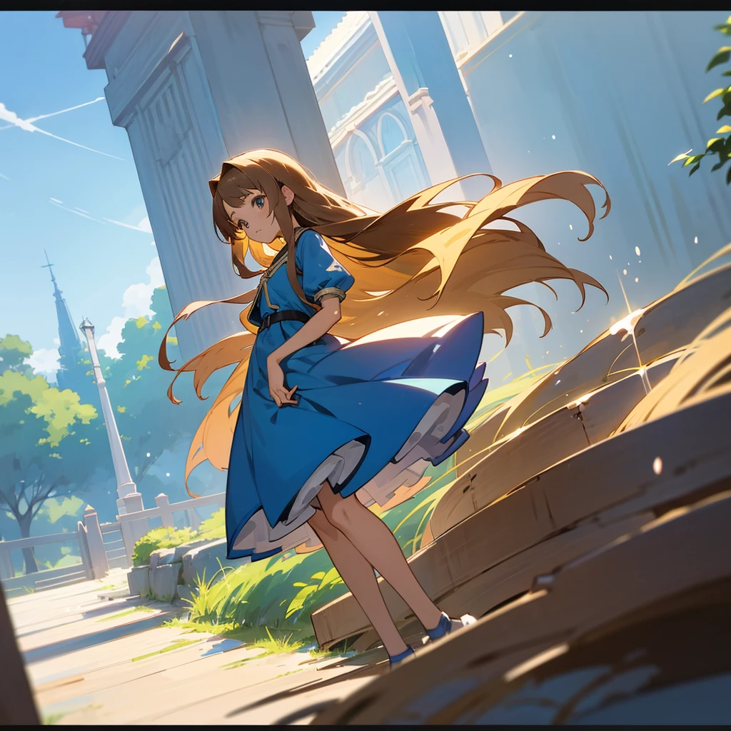 From the ants’ perspective, light brown skin、Anime-kind , long brown hair and blue dress stands in front of the house, In dress, , cute anime waifu in a beautiful dress, Splash Art Anime , cute anime girl, pretty anime girl, blonde anime girl with long hair, beautiful anime girl, young anime girl, Clean, detailed anime art, Portrait of a cute anime girl,