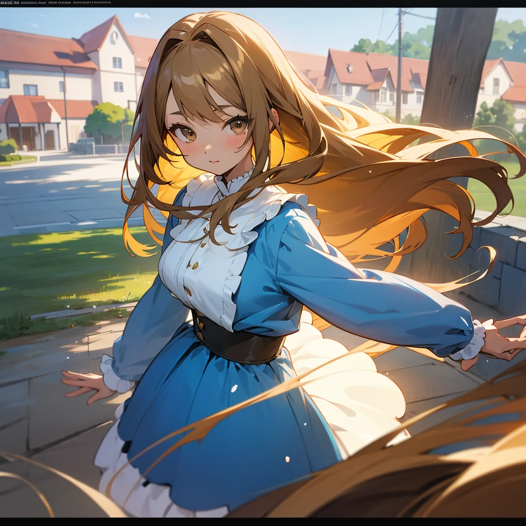 From the ants’ perspective, light brown skin、Anime-kind , long brown hair and blue dress stands in front of the house,  In dress, , cute anime waifu in a beautiful dress, Splash Art Anime , cute anime girl, pretty anime girl, blonde anime girl with long hair, beautiful anime girl, young anime girl, Clean, detailed anime art, Portrait of a cute anime girl, 