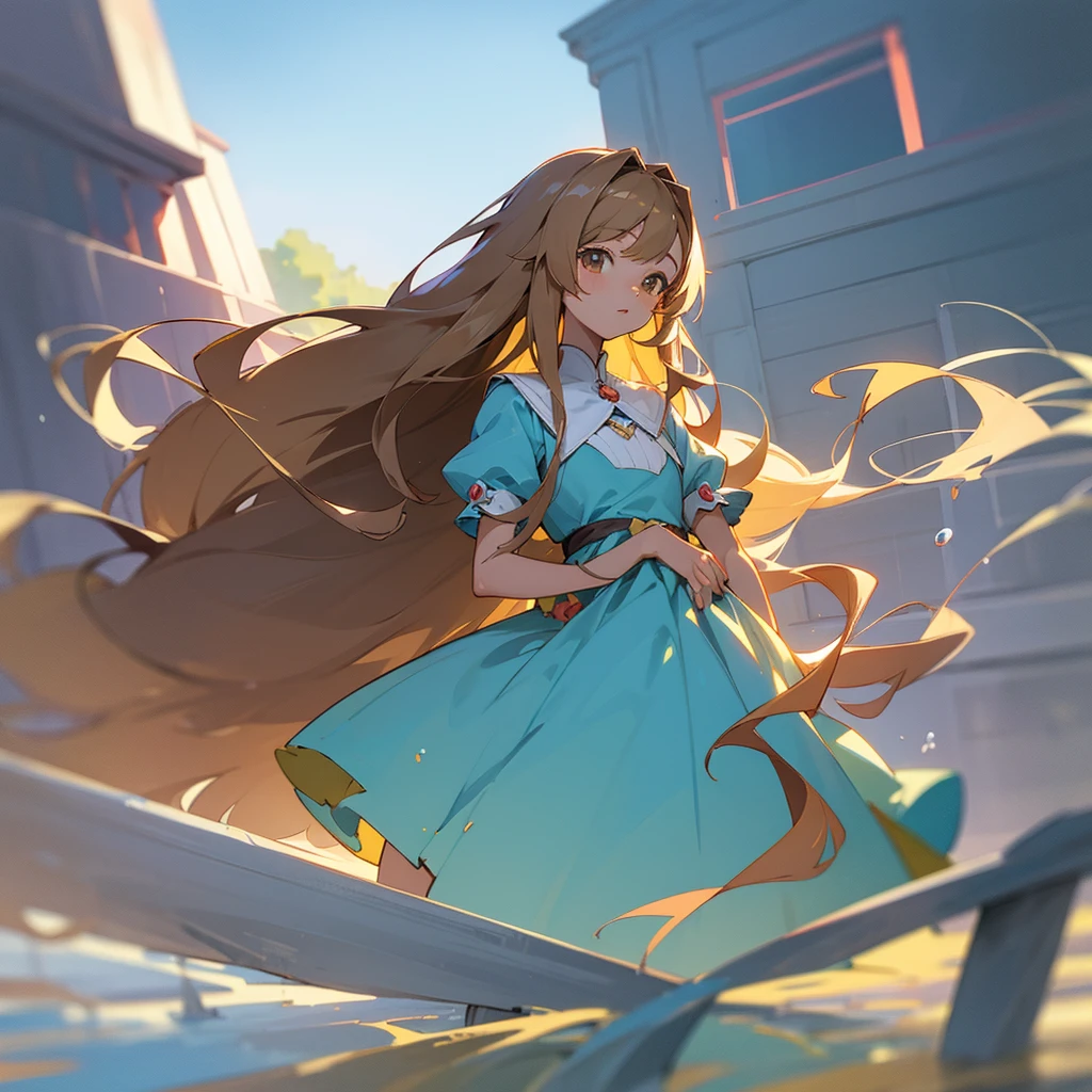 From the ants’ perspective, light brown skin、Anime-kind , long brown hair and blue dress stands in front of the house, In dress, , cute anime waifu in a beautiful dress, Splash Art Anime , cute anime girl, pretty anime girl, blonde anime girl with long hair, beautiful anime girl, young anime girl, Clean, detailed anime art, Portrait of a cute anime girl,