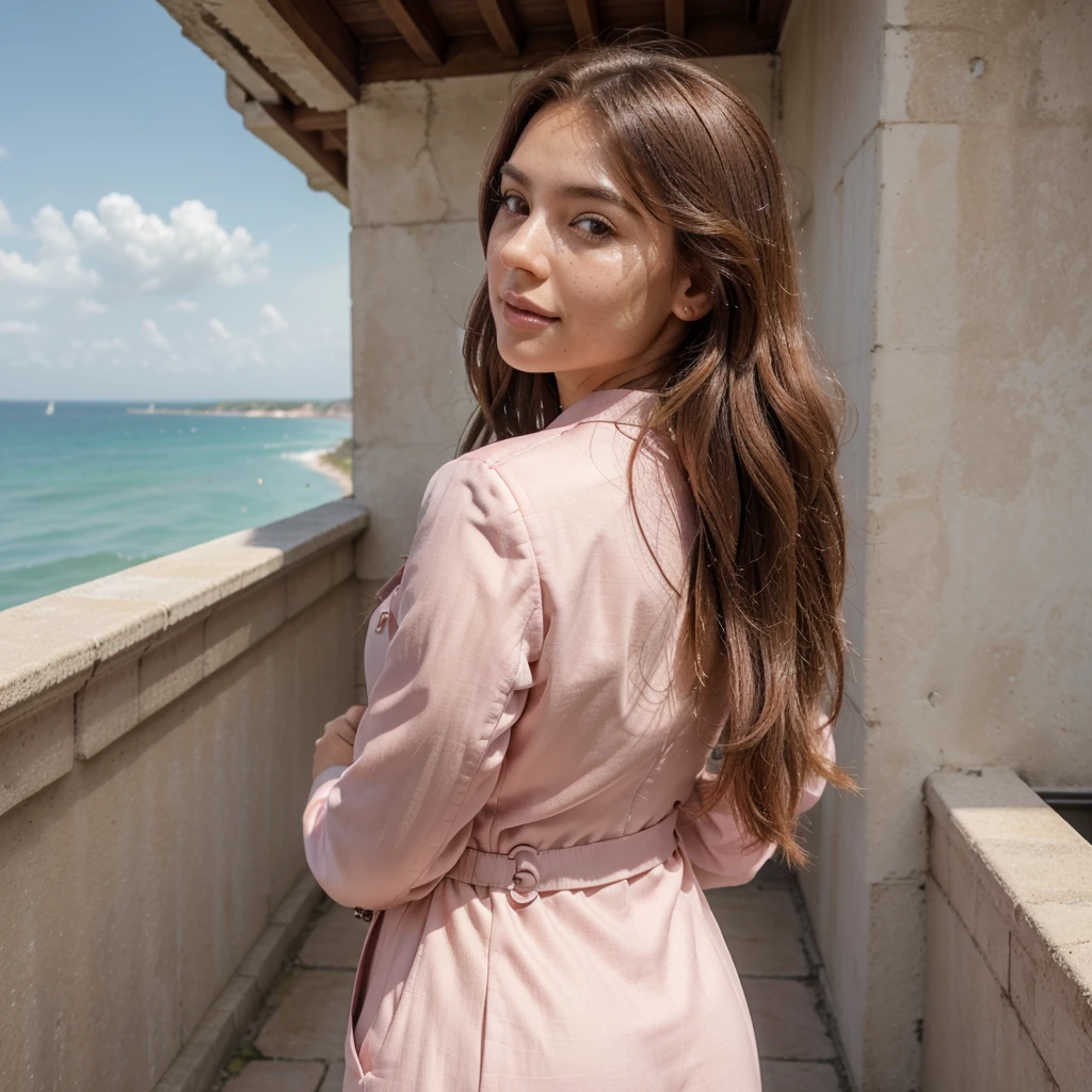 Create a very realistic and beautiful model with the following detailed features: Gender: Female, Age: Young adult (approximately 20-25 years old), Hair: Long, wavy and reddish with a natural shine, gently cascading around the shoulders and back back. . . . . . . . . . . . , Eyes: Bright green with a captivating, slightly almond-shaped look, detailed with natural highlights, Skin: Fair complexion with a light texture, including natural freckles on the nose and cheeks, giving a youthful and vibrant appearance: Fair complexion with a light texture, including natural freckles on the nose and cheeks, giving a youthful and lively appearance, Face: with a smooth and natural contour, soft and full lips with a slight pinkish tint and a slightly delicate upturned nose, Expression : a sweet face, with a touch of mischief, which conveys warmth and approachability, Clothing: in a pink suit and sunglasses standing on a bridge, wearing a pink suit, a pink suit, a pink outfit, a pink suit and glasses , a pink futuristic suit, a pink silky outfit, fashionable pink clothes, a Girl in a suit, wear pink clothes, Girl in a suit, Smooth pink tight-fitting suit, wear an elegant outfit, haute couture chic, All pink, Background : the model is on an elegant flowered terrace, beginning on an open roof, end of sunny day, sea view in the background.
Pose: relaxed and confident posture, start on an open-air rooftop, end of sunny day, sea view in the background. aesthetic, Unsplash, Neoclassicism, Complex background, Best quality, hyper detailed, Gratty Sita, 64K, Light design