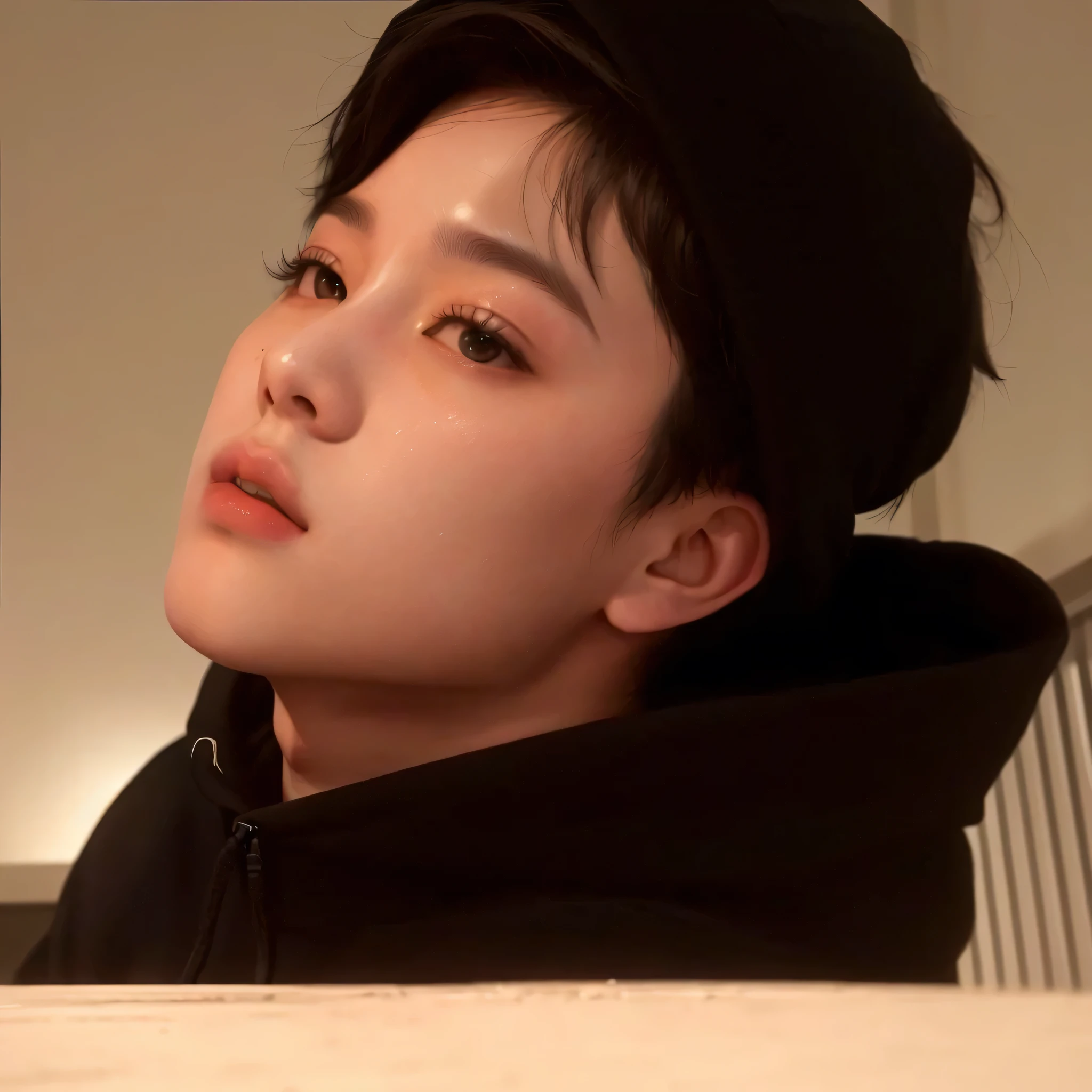 there is a man in a black hoodie looking up, Jimin\fleshy lips, Jimin\the Greek nose, Jimin, park Jimin, accurate Jimin face, Jimin\the right eyelid is swollen, made, profile picture with headshot, androgynous face, Mark Lee, Tae June Kim, ruan jia linda!, hyung tae, yan