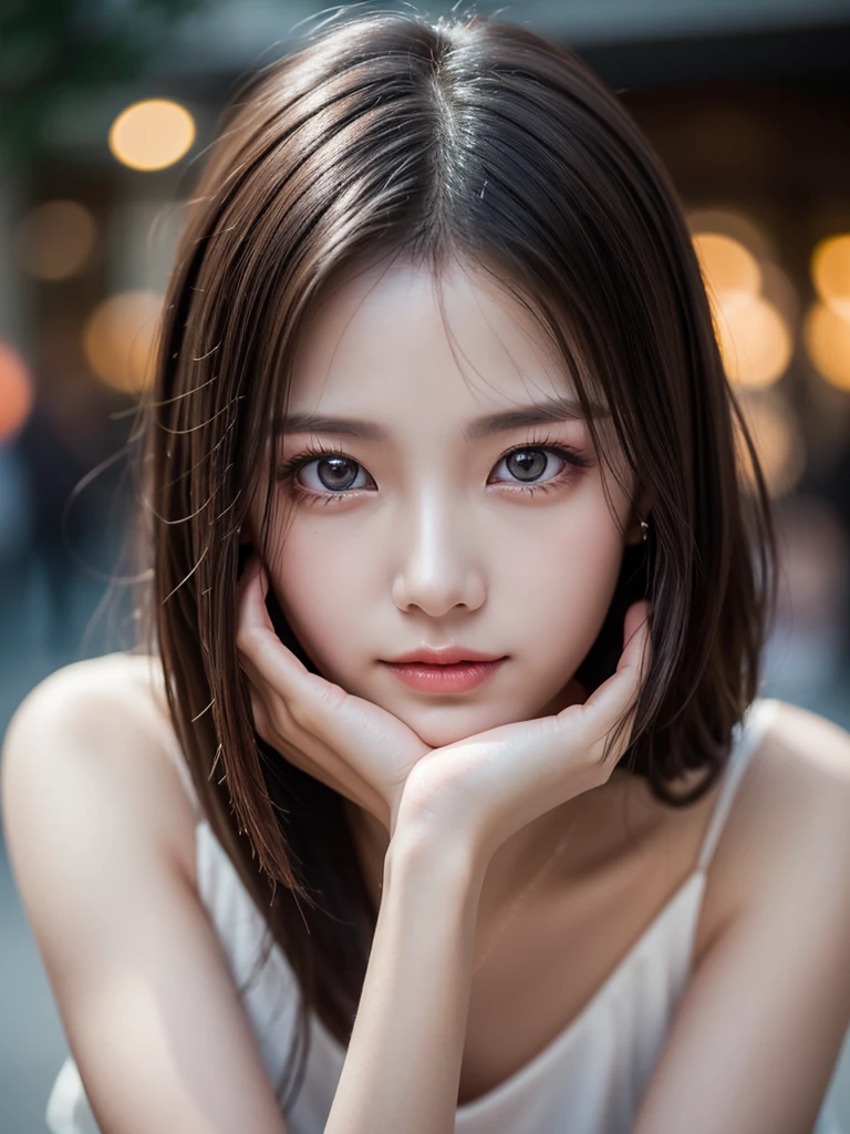 (Highest quality,8k,High resolution,masterpiece:1.2),Digital Art, girl,Delicate face,Delicate eyes,Shallow brown hair,Long Straight Hair,Sparkling amber eyes,dress ,Morning in the city、particle,Dust,Warm colors,shy,in love,(HD Skins),Shallow depth of field