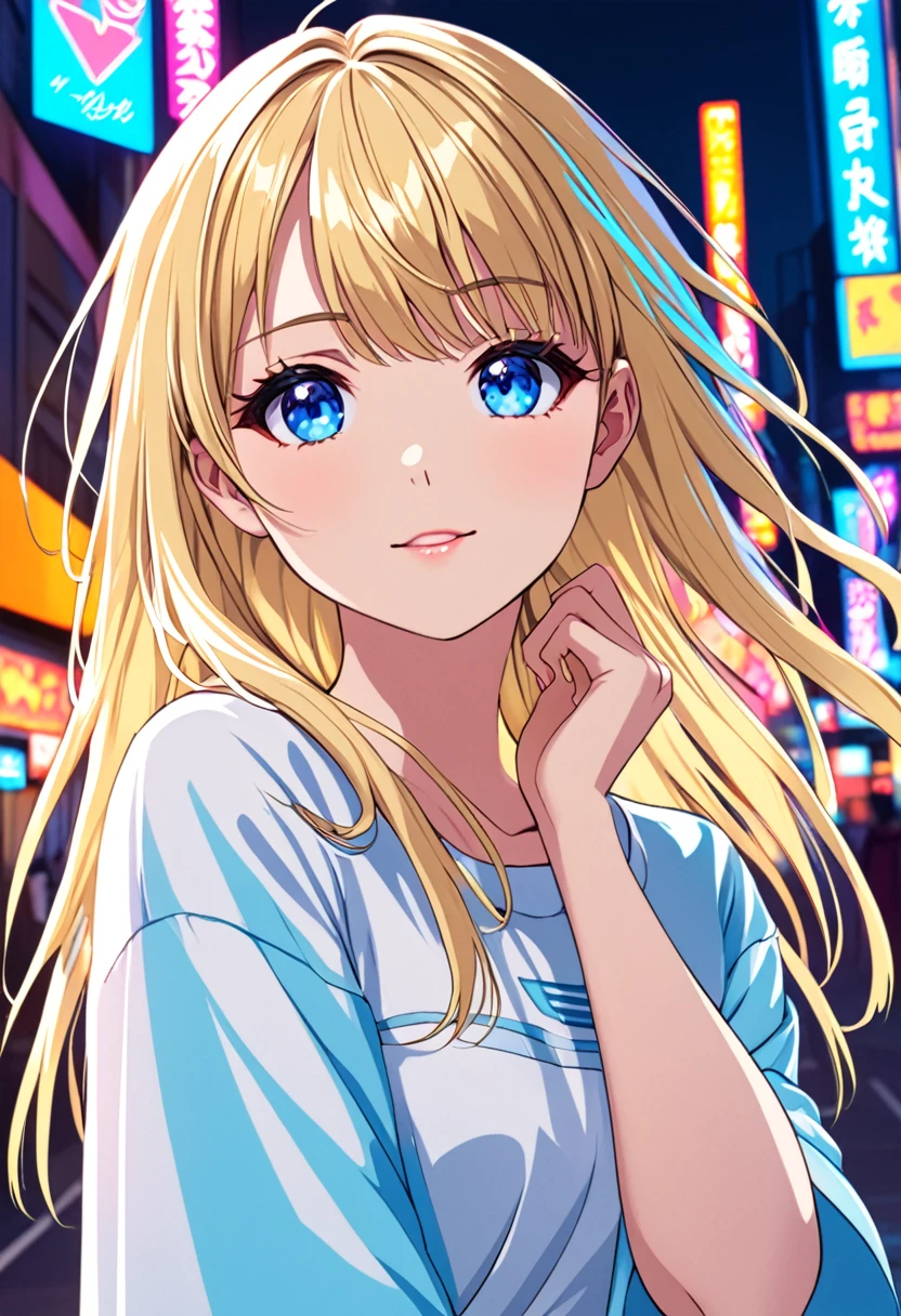 Anime young woman, blonde hair, M shape fringe, light and bright blue eyes, simple and cute clothes, neon city background.