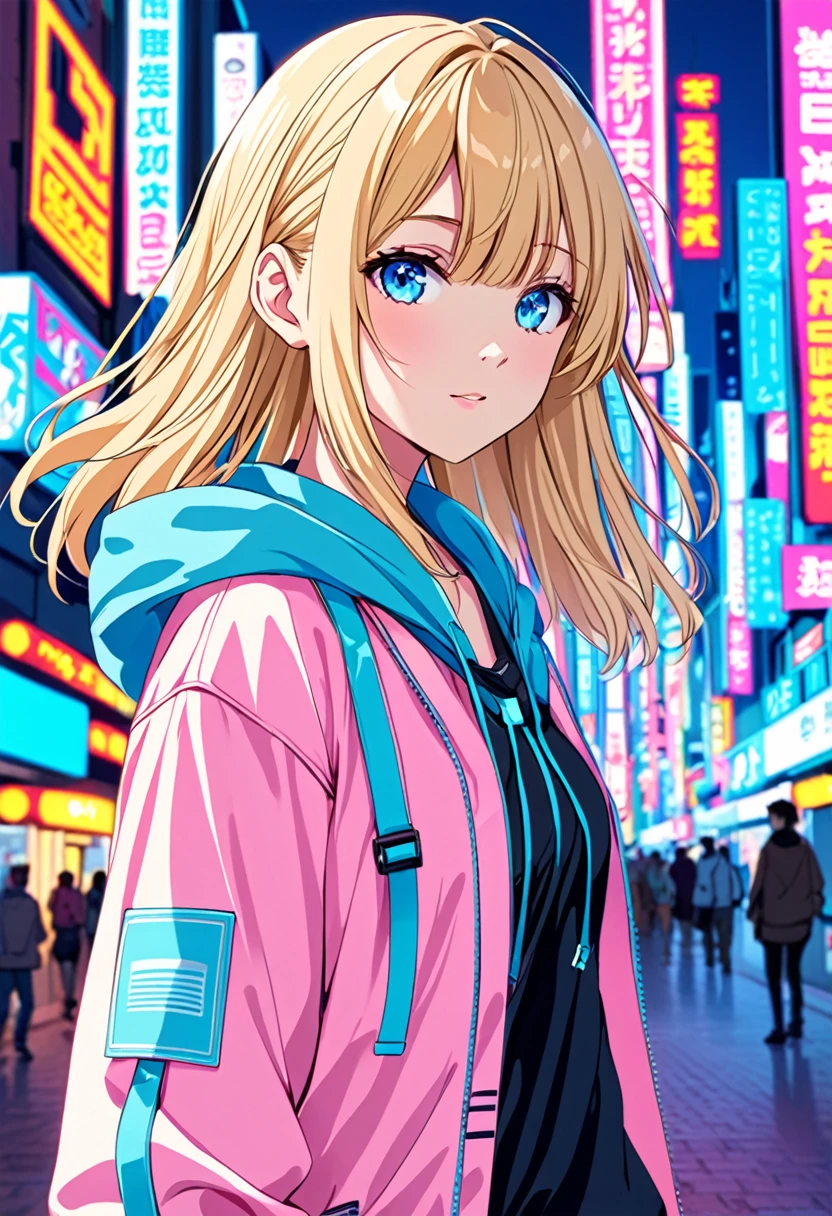 Anime young woman, blonde hair, M shape fringe, light and bright blue eyes, simple and cute clothes, neon city background.